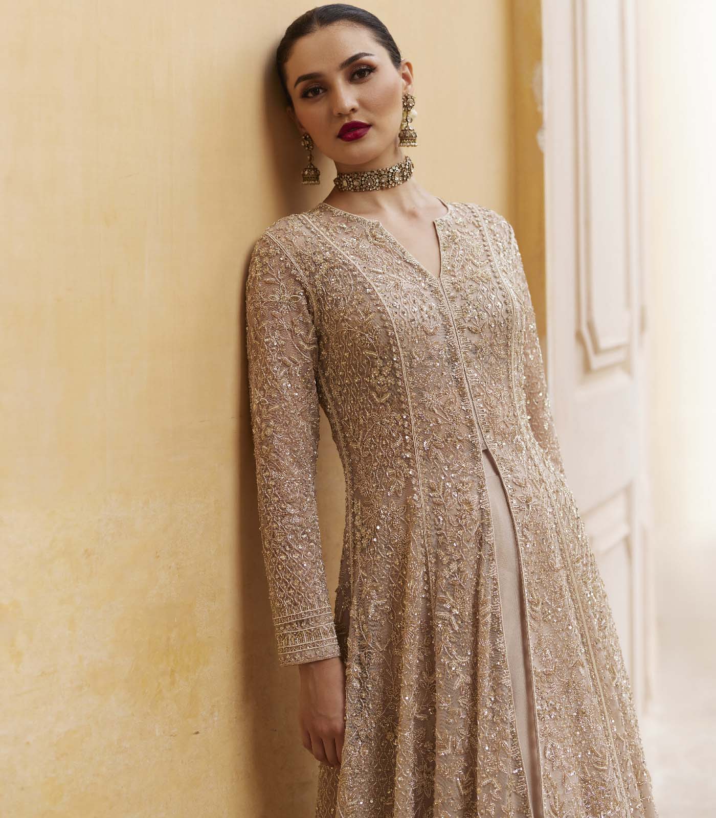 Champagne Embellished Net Gown (3-Piece) - Image 2