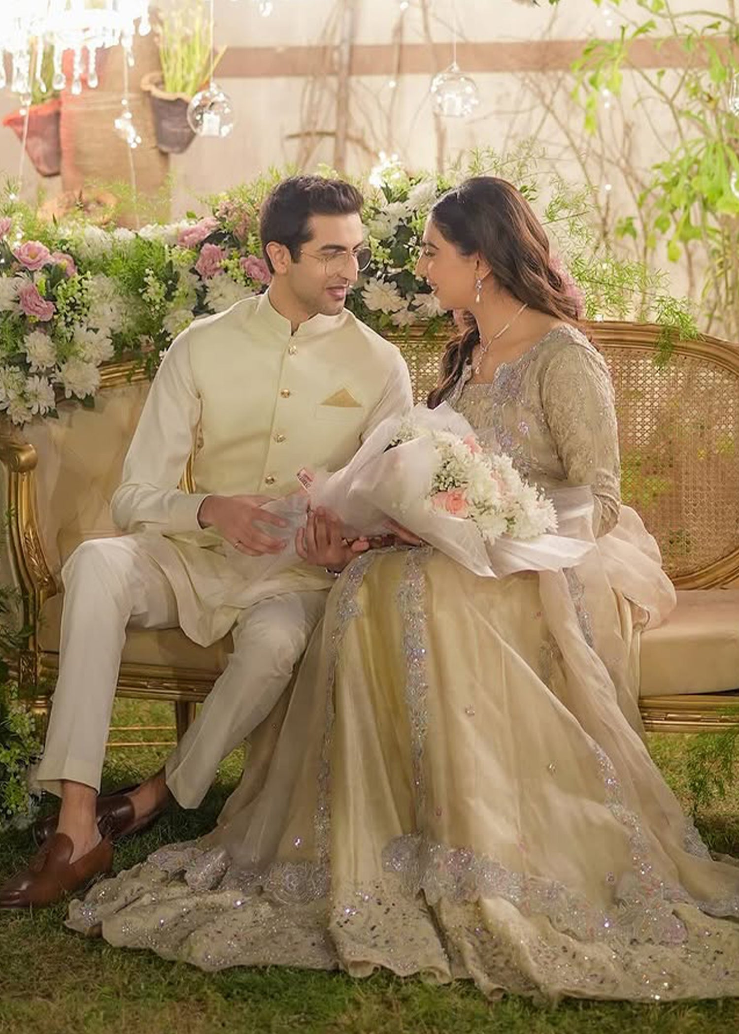 Pakistani Champagne Gold Embellished Net Bridal Maxi (2-Piece) - Image 1