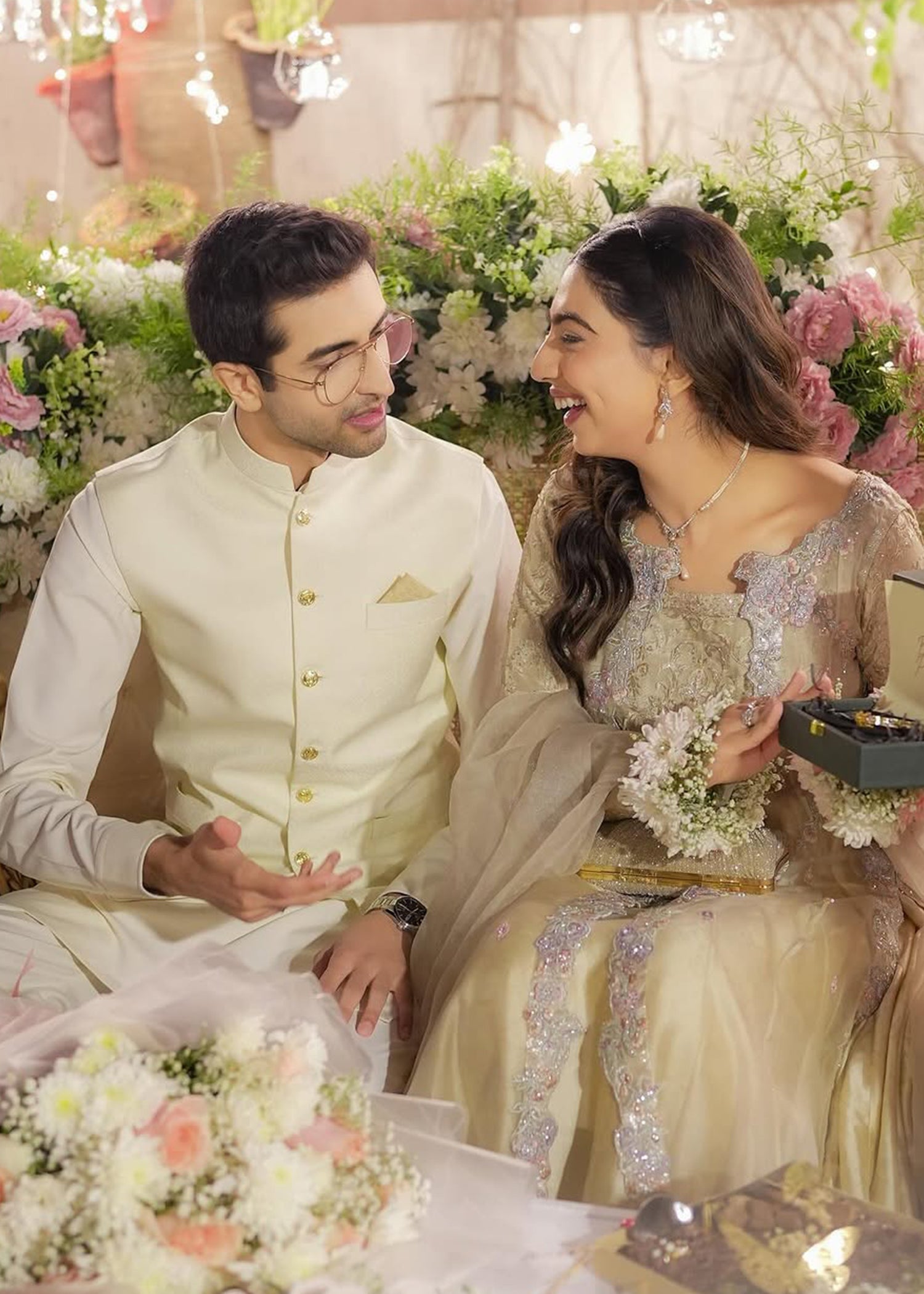 Pakistani Champagne Gold Embellished Net Bridal Maxi (2-Piece) - Image 2