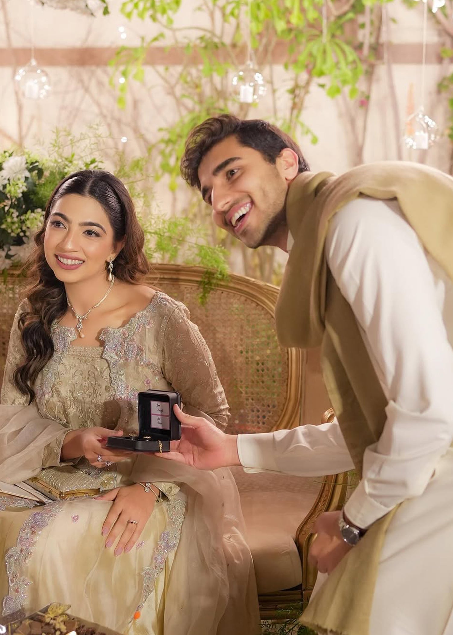 Pakistani Champagne Gold Embellished Net Bridal Maxi (2-Piece) - Image 3