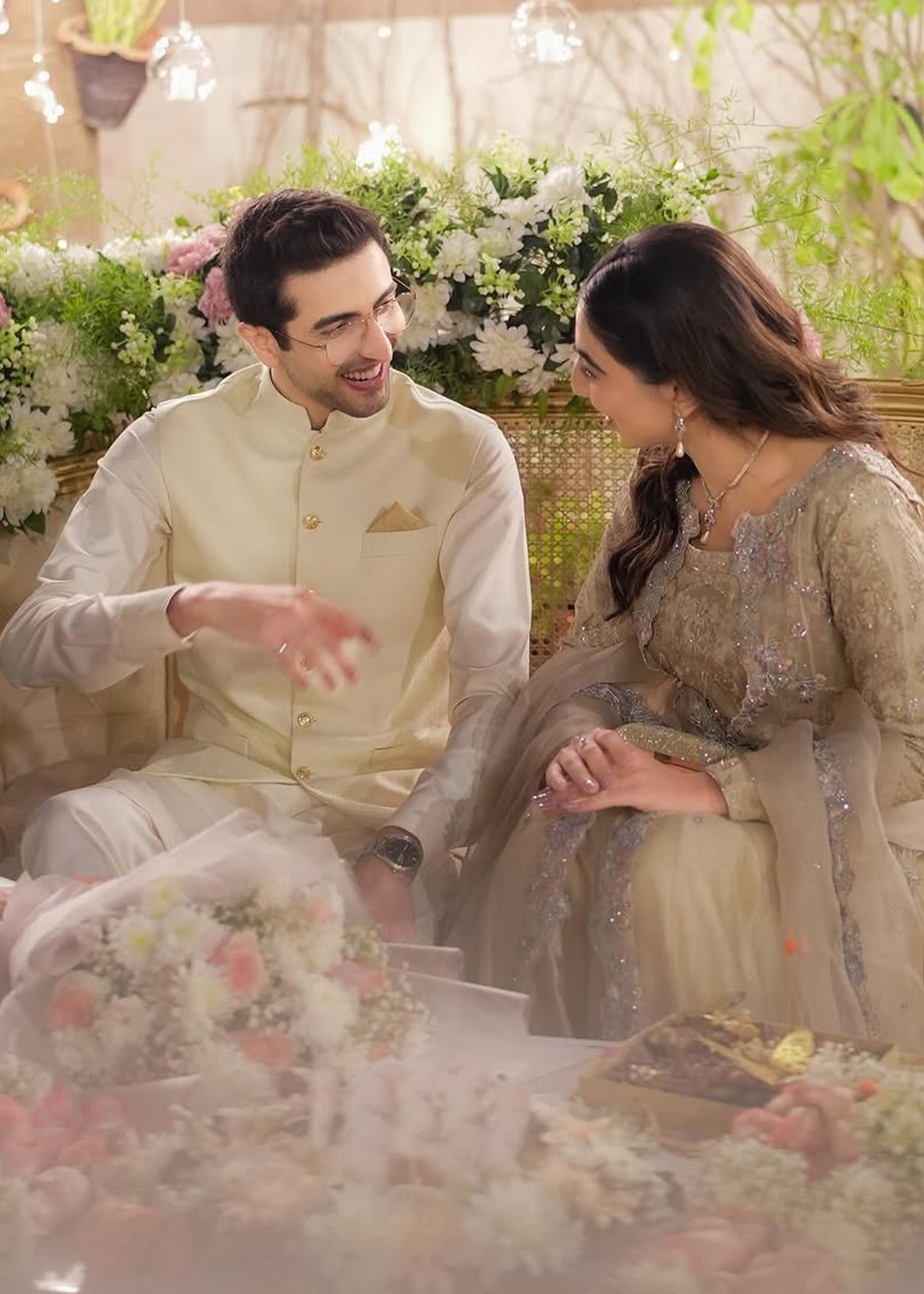 Pakistani Champagne Gold Embellished Net Bridal Maxi (2-Piece) - Image 4