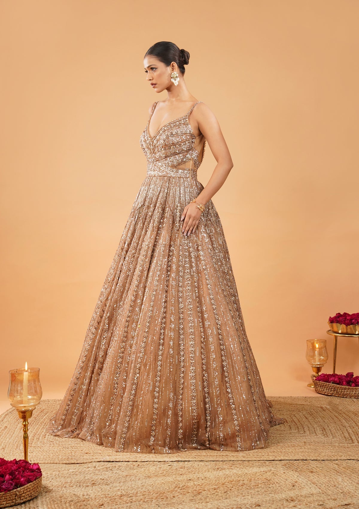 Gold Sequin Net Floor-Length Gown (1-Pc) - Image 3