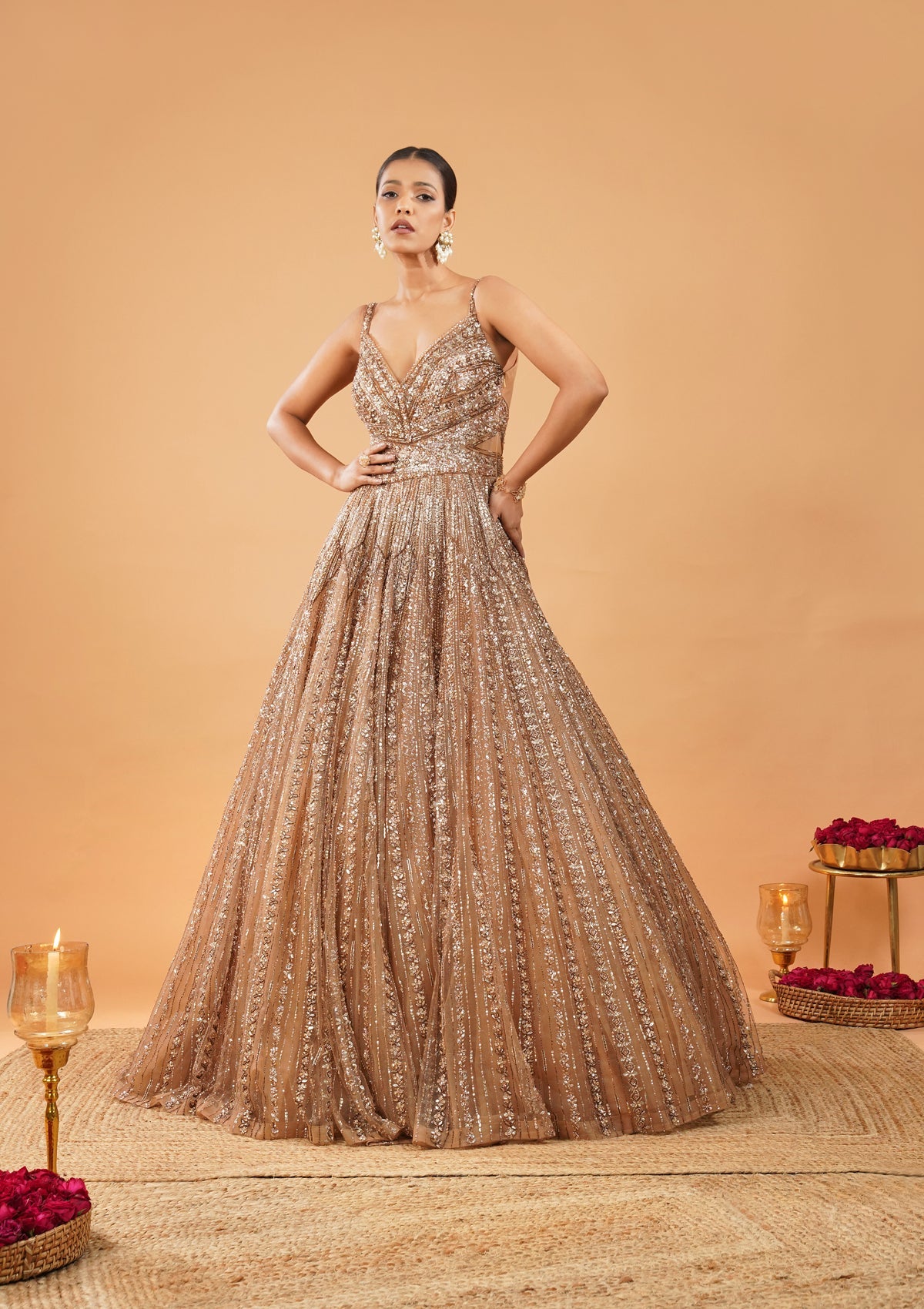 Gold Sequin Net Floor-Length Gown (1-Pc) - Image 4