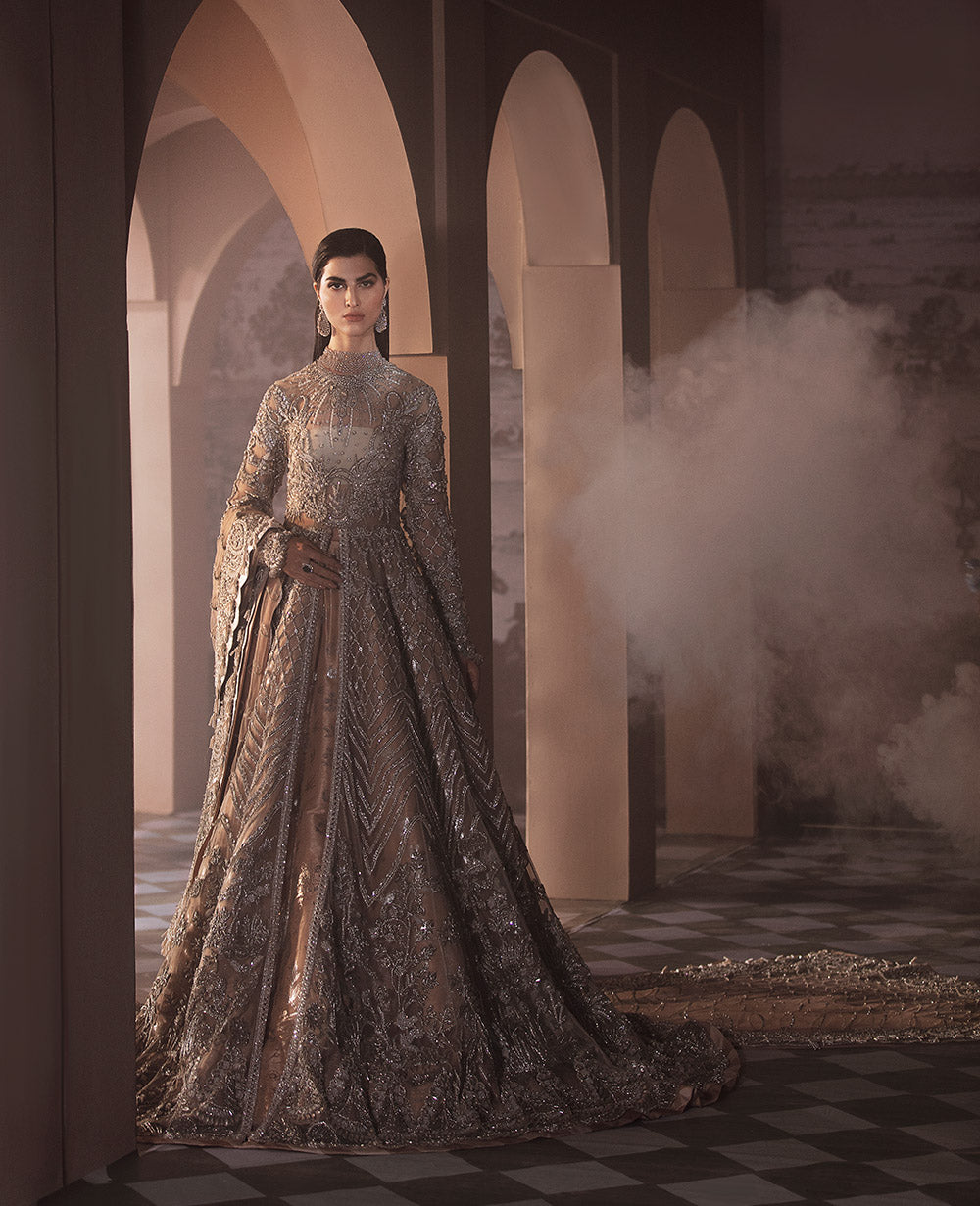 Pakistani Champagne Gold Embellished Net Silk Bridal Gown (2-Piece) - Image 1