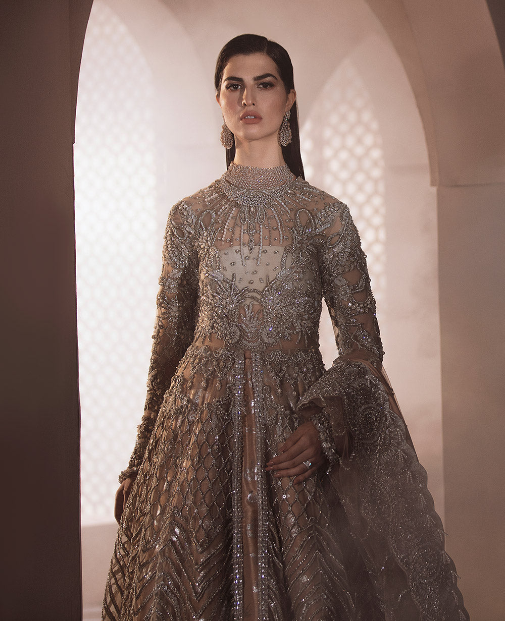 Pakistani Champagne Gold Embellished Net Silk Bridal Gown (2-Piece) - Image 3