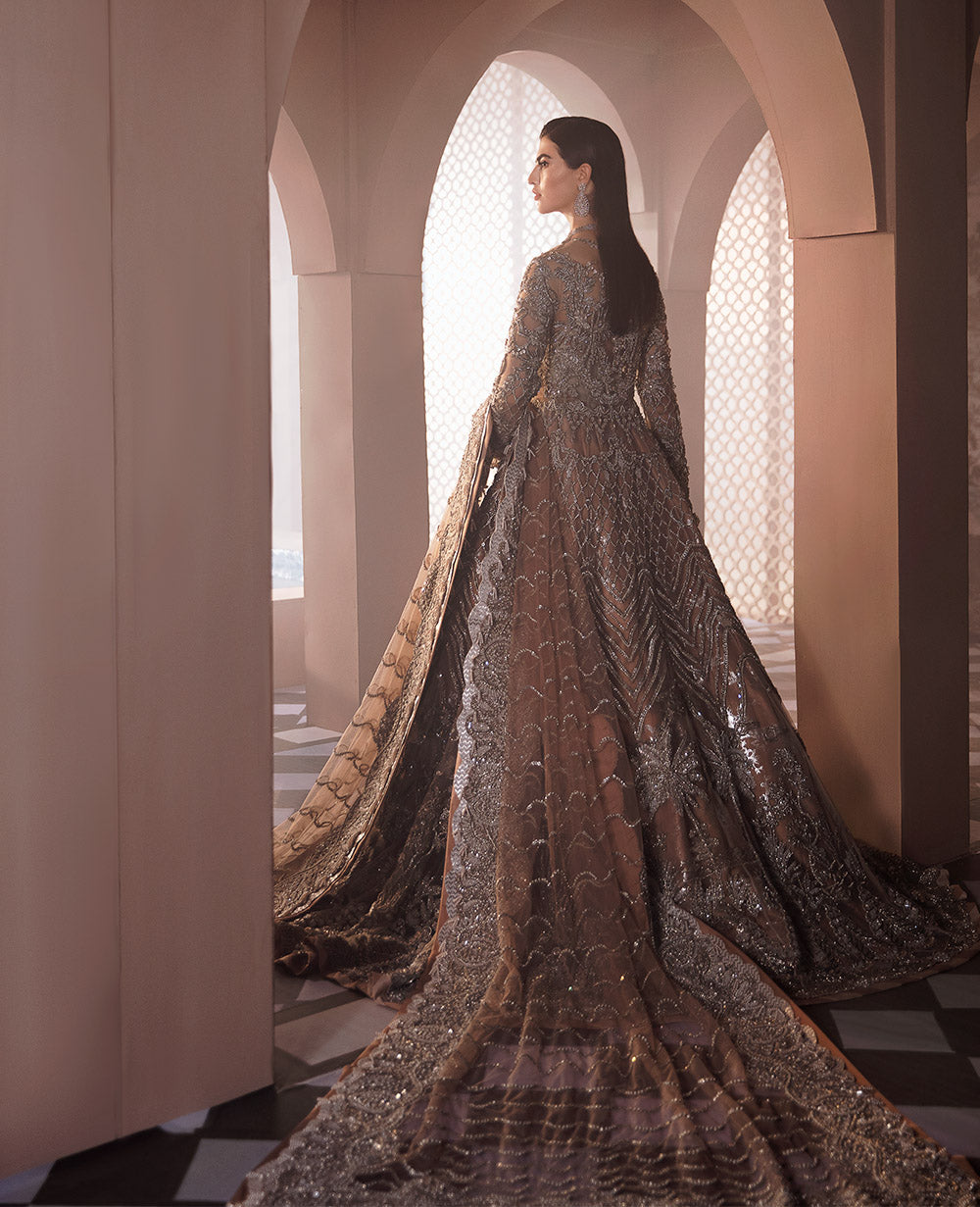 Pakistani Champagne Gold Embellished Net Silk Bridal Gown (2-Piece) - Image 4