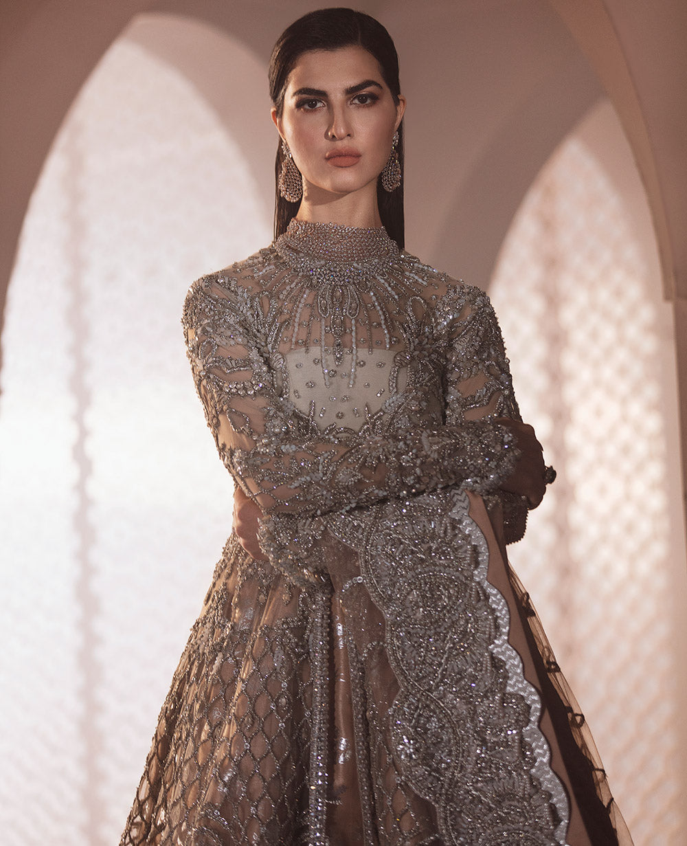 Pakistani Champagne Gold Embellished Net Silk Bridal Gown (2-Piece) - Image 5