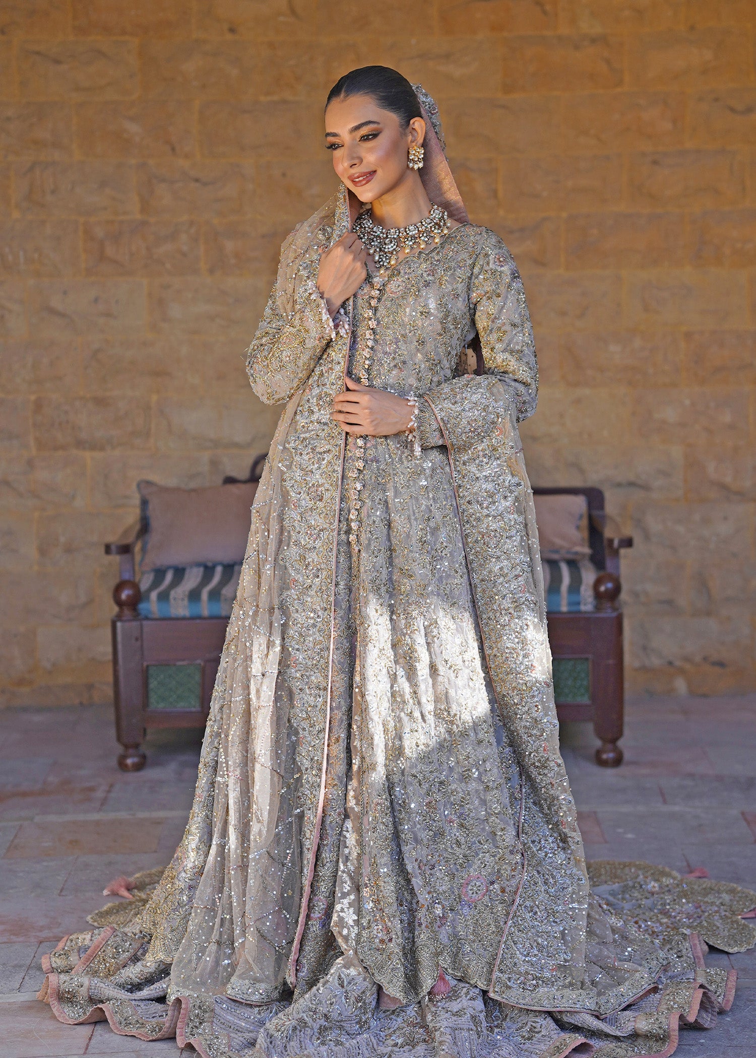 Muted Gold Embellished Net Bridal Gown (2-Piece) - Image 1