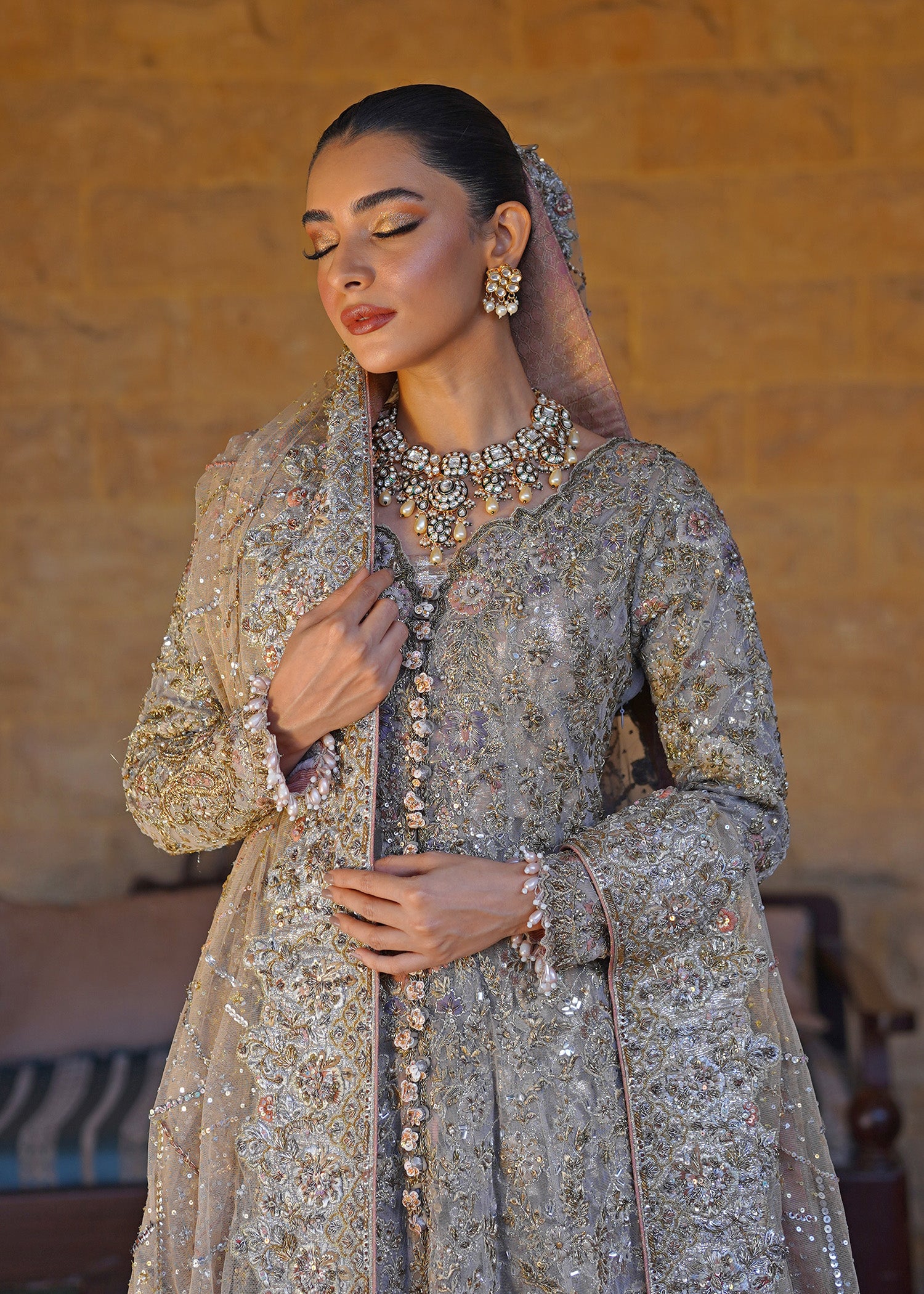 Muted Gold Embellished Net Bridal Gown (2-Piece) - Image 3