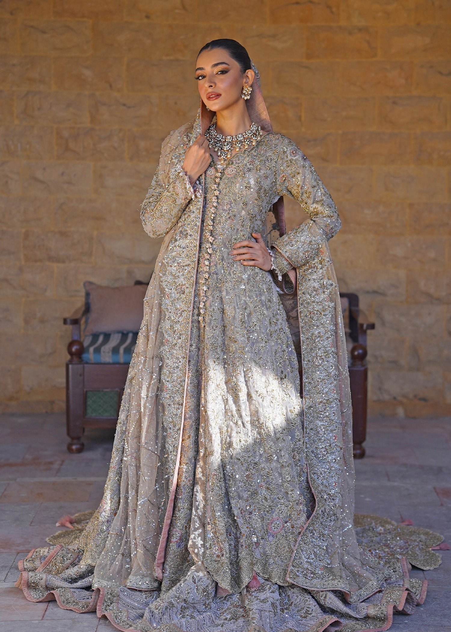 Muted Gold Embellished Net Bridal Gown (2-Piece) - Image 4