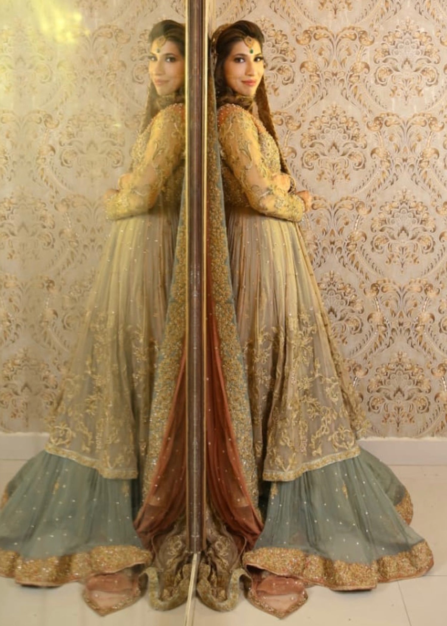 Gold Embroidered Net Bridal Gown (2-Piece) - Image 1