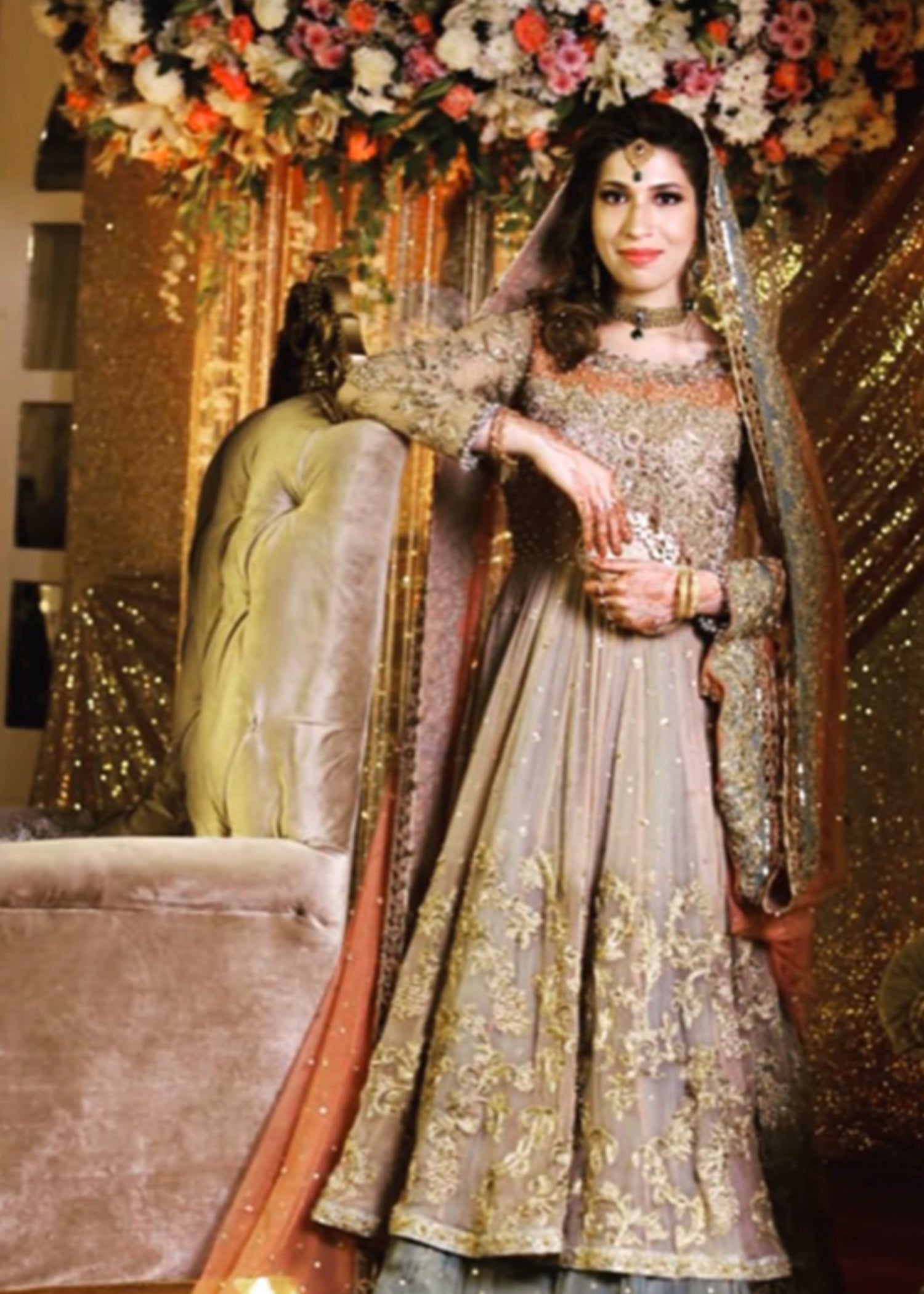 Gold Embroidered Net Bridal Gown (2-Piece) - Image 3