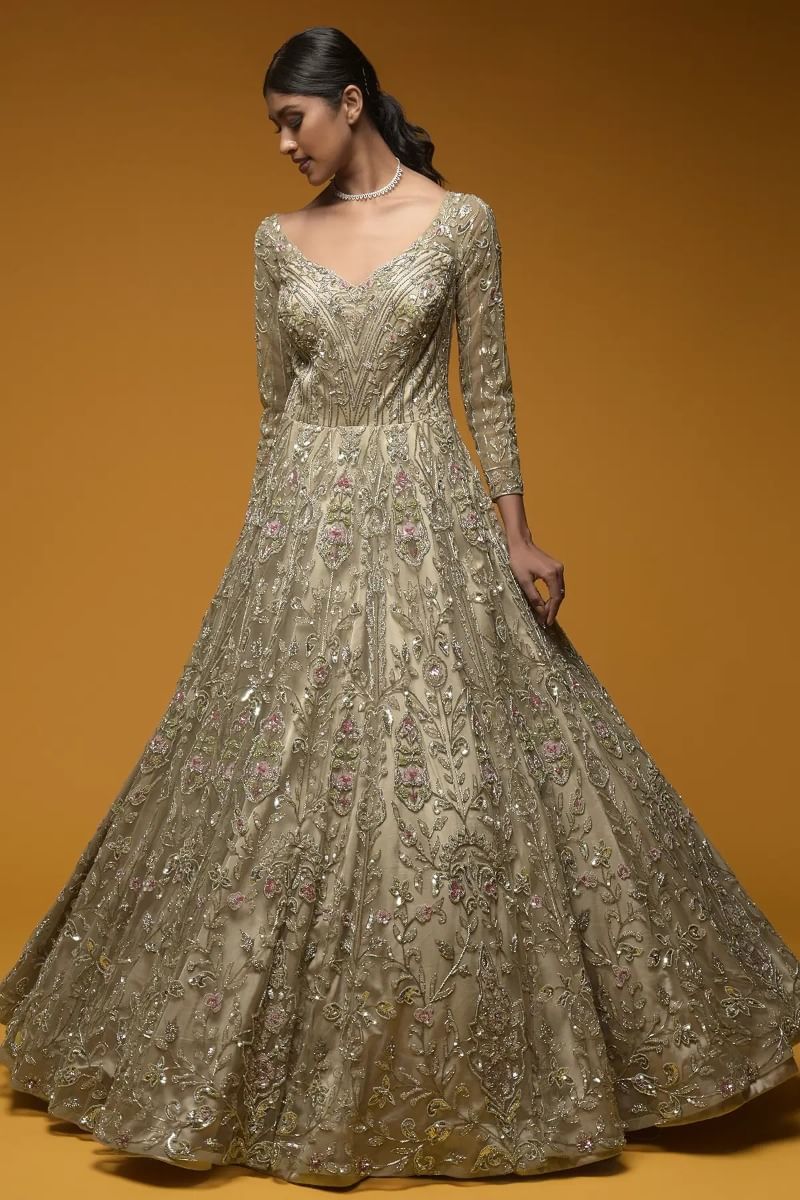 Indian Gold Embellished Net Bridal Gown (1-Pc) - Image 1