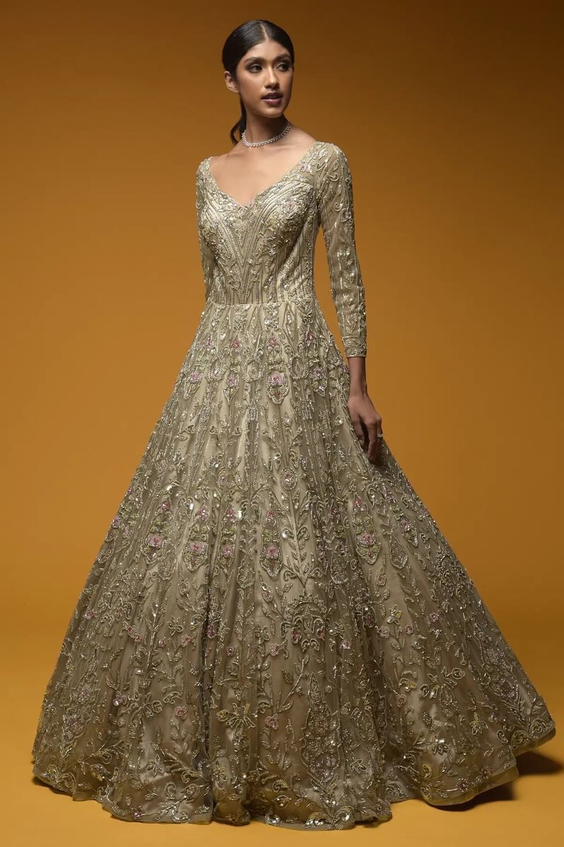 Indian Gold Embellished Net Bridal Gown (1-Pc) - Image 3