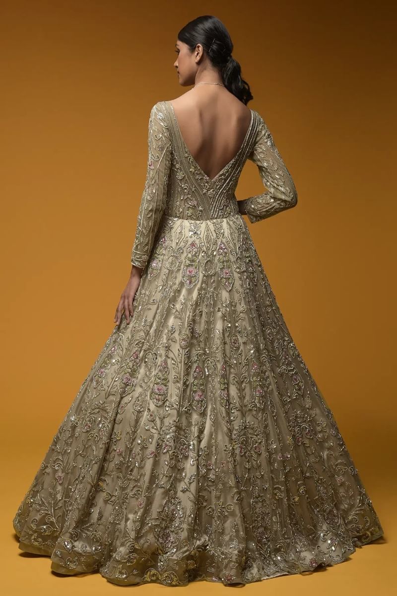 Indian Gold Embellished Net Bridal Gown (1-Pc) - Image 5