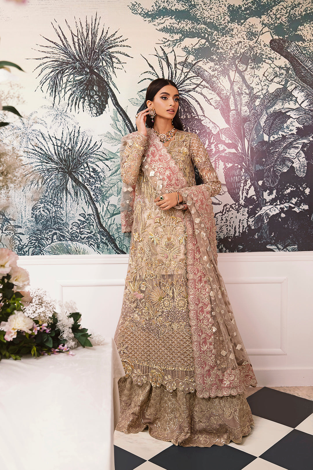 Pakistani Champagne Gold Embellished Net Silk Bridal Gown (2-Piece) - Image 3