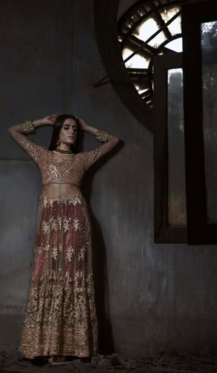 Rose Gold Embroidered Net Bridal Gown (1-Pc) - Image 1