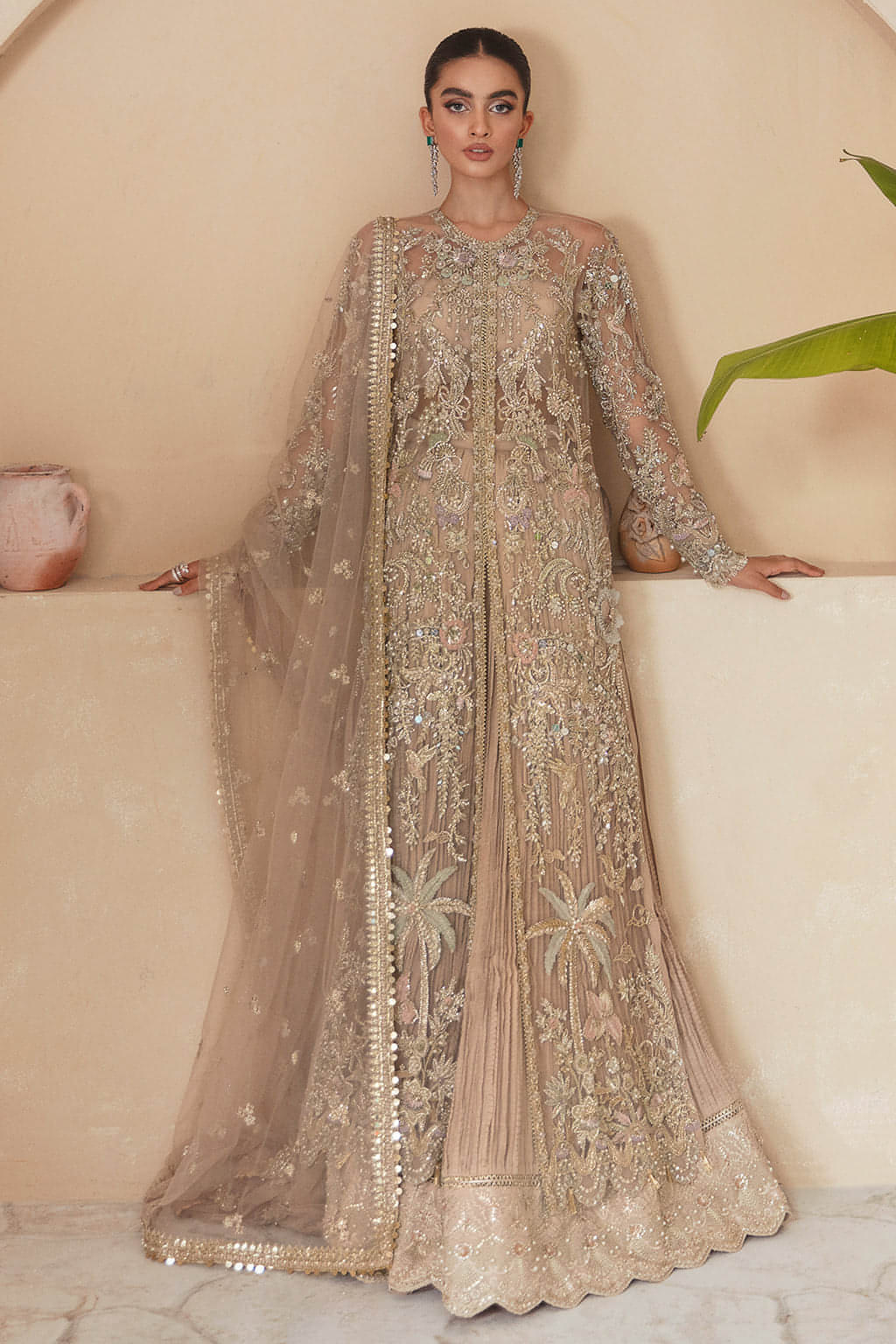 Indian Dull Gold Embellished Net Bridal Gown (2-Piece) - Image 1
