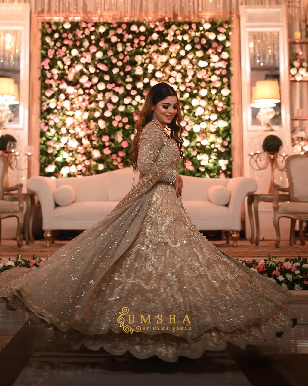 Pakistani Champagne Gold Embellished Net Bridal Gown (2-Piece) - Image 1