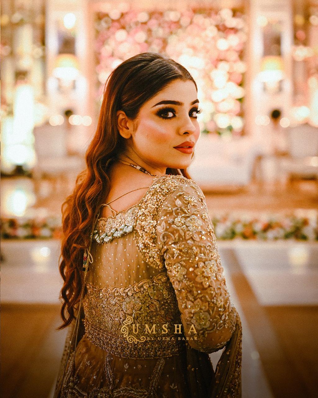 Pakistani Champagne Gold Embellished Net Bridal Gown (2-Piece) - Image 2