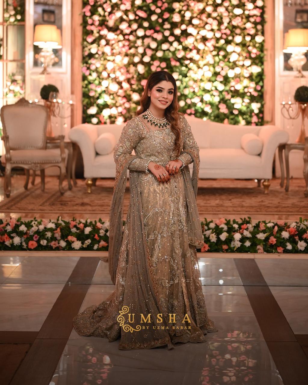 Pakistani Champagne Gold Embellished Net Bridal Gown (2-Piece) - Image 3