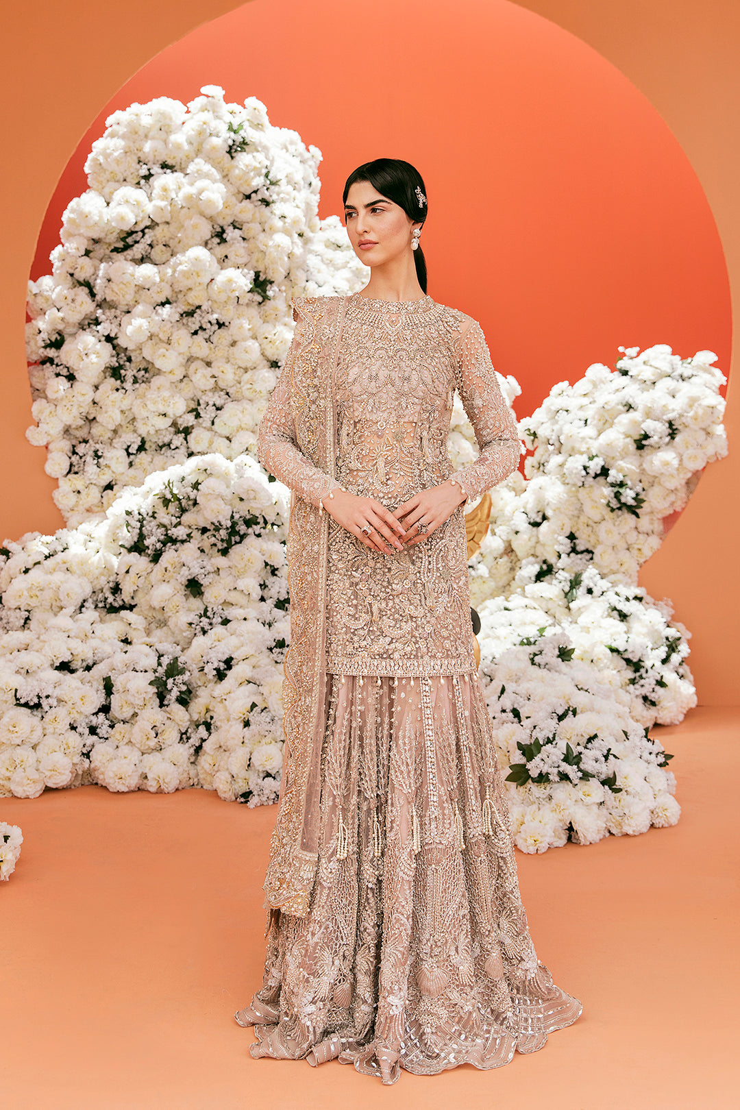 Pakistani Champagne Embellished Net Silk Bridal Gown (2-Piece) - Image 1