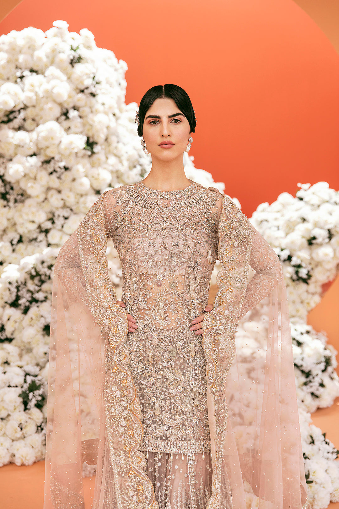 Pakistani Champagne Embellished Net Silk Bridal Gown (2-Piece) - Image 2