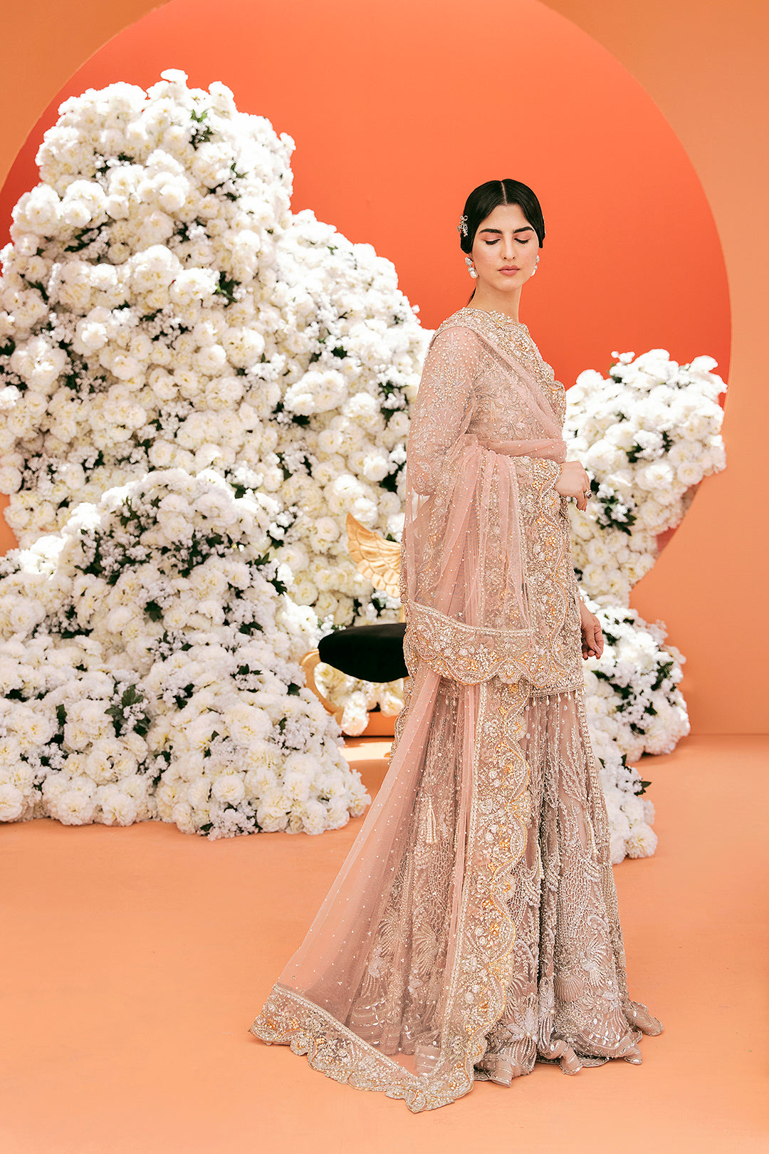 Pakistani Champagne Embellished Net Silk Bridal Gown (2-Piece) - Image 3