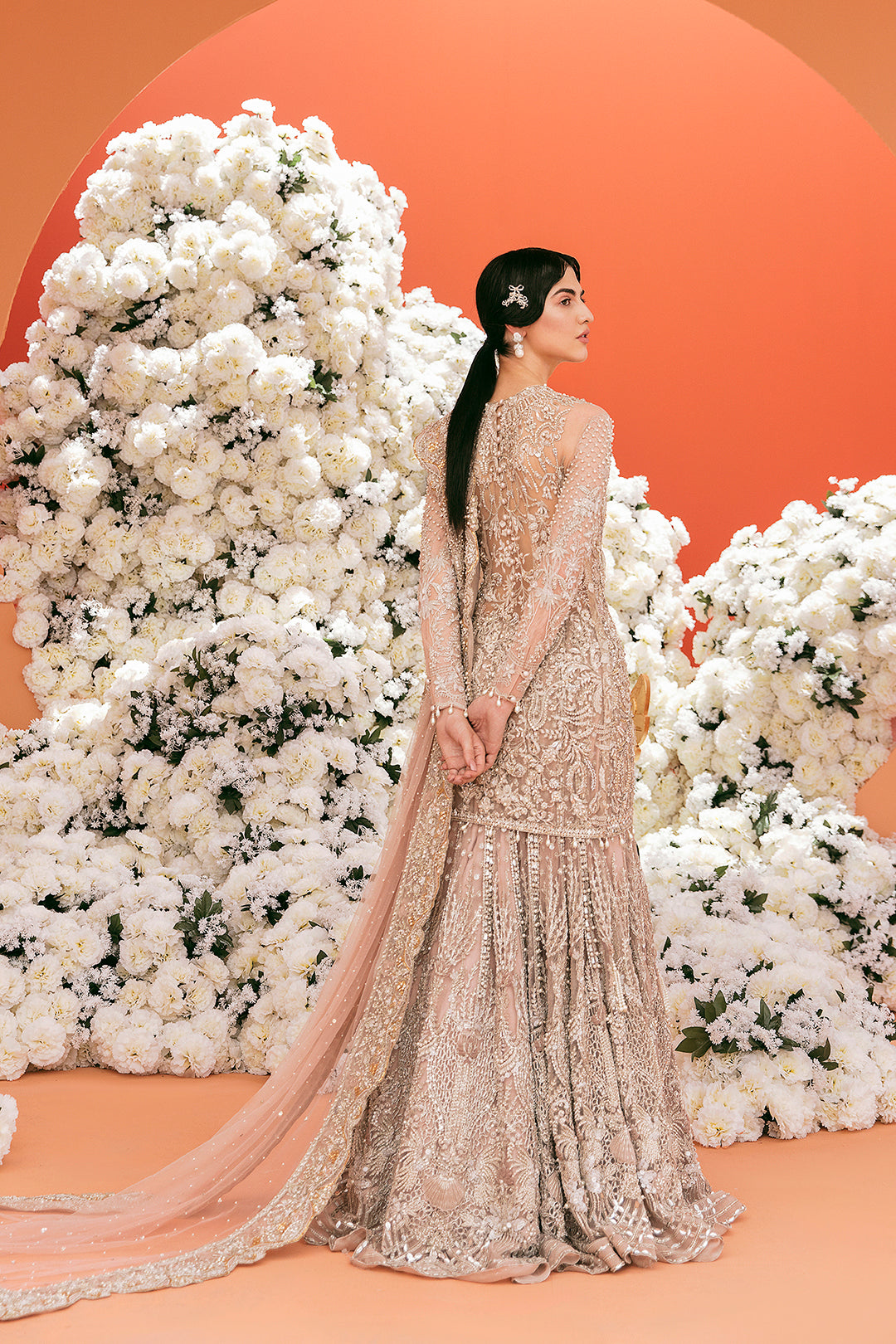 Pakistani Champagne Embellished Net Silk Bridal Gown (2-Piece) - Image 4