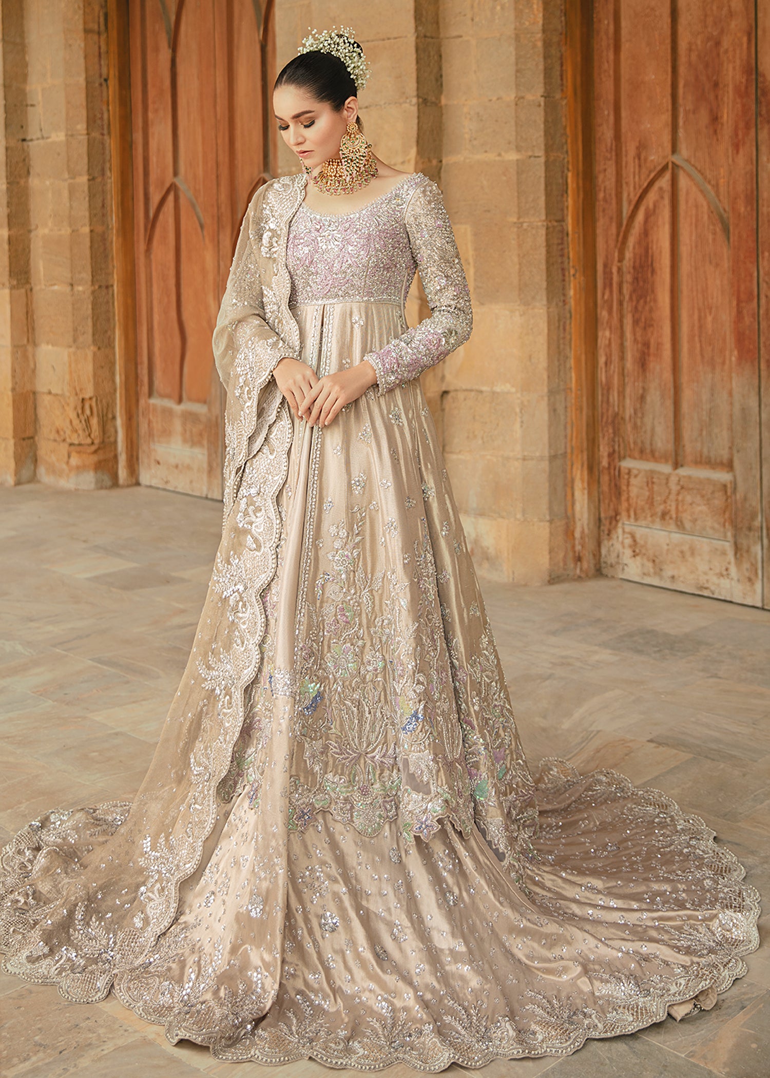 Champagne Lilac Embellished Net Silk-Satin Bridal Gown (2-Piece) - Image 1