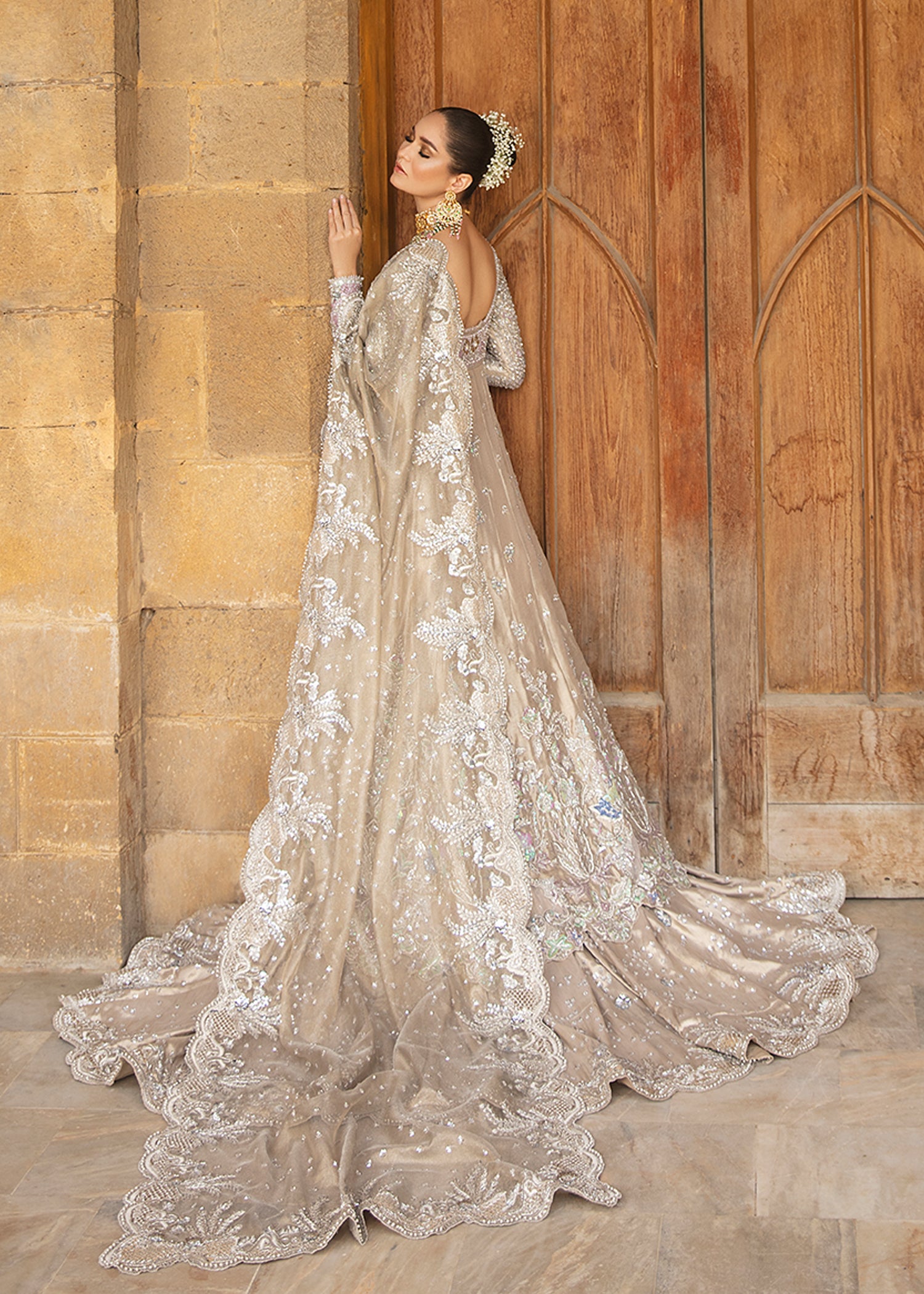 Champagne Lilac Embellished Net Silk-Satin Bridal Gown (2-Piece) - Image 4