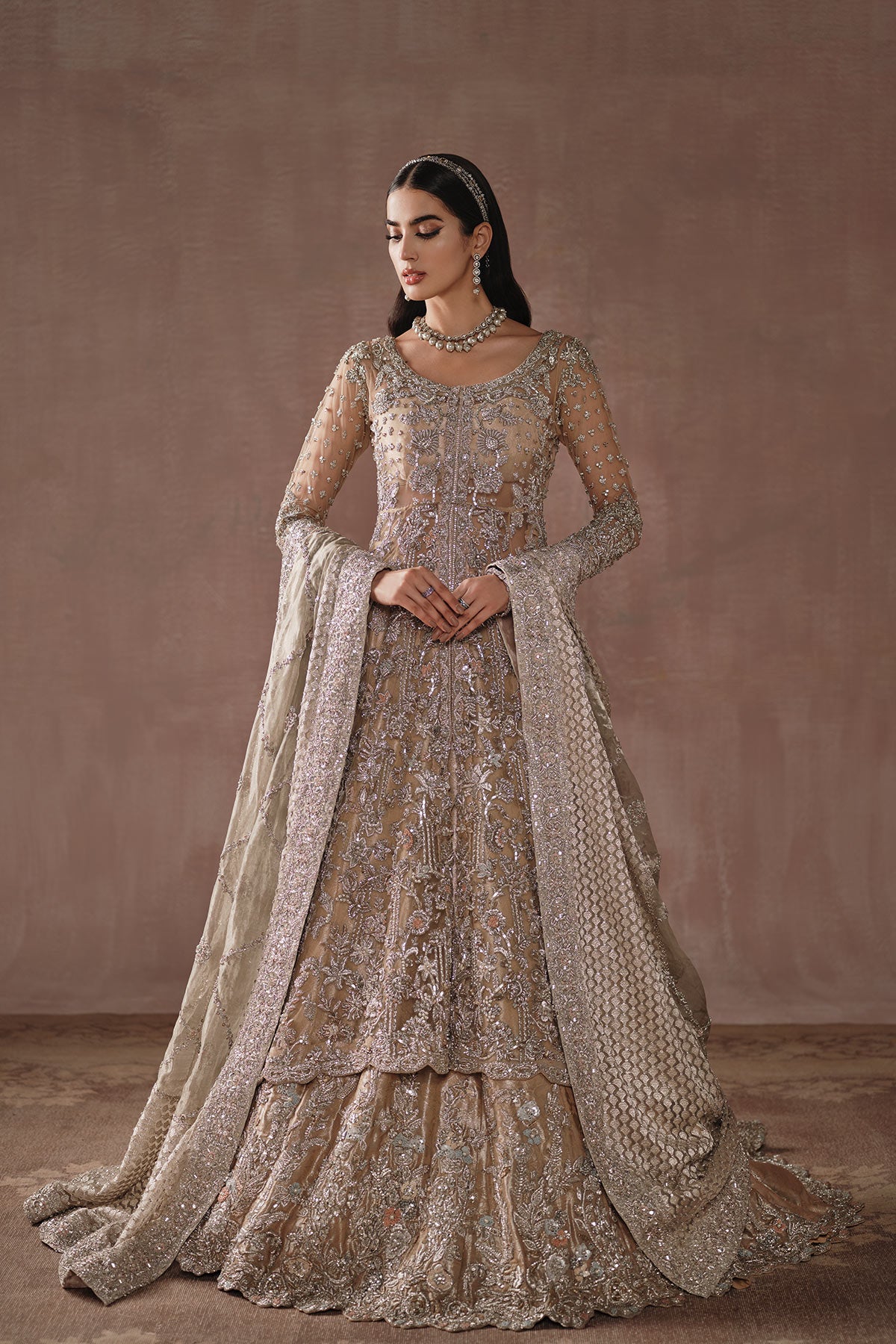 Pakistani Champagne Gold Zardozi Net Silk Bridal Gown (2-Piece) - Image 1