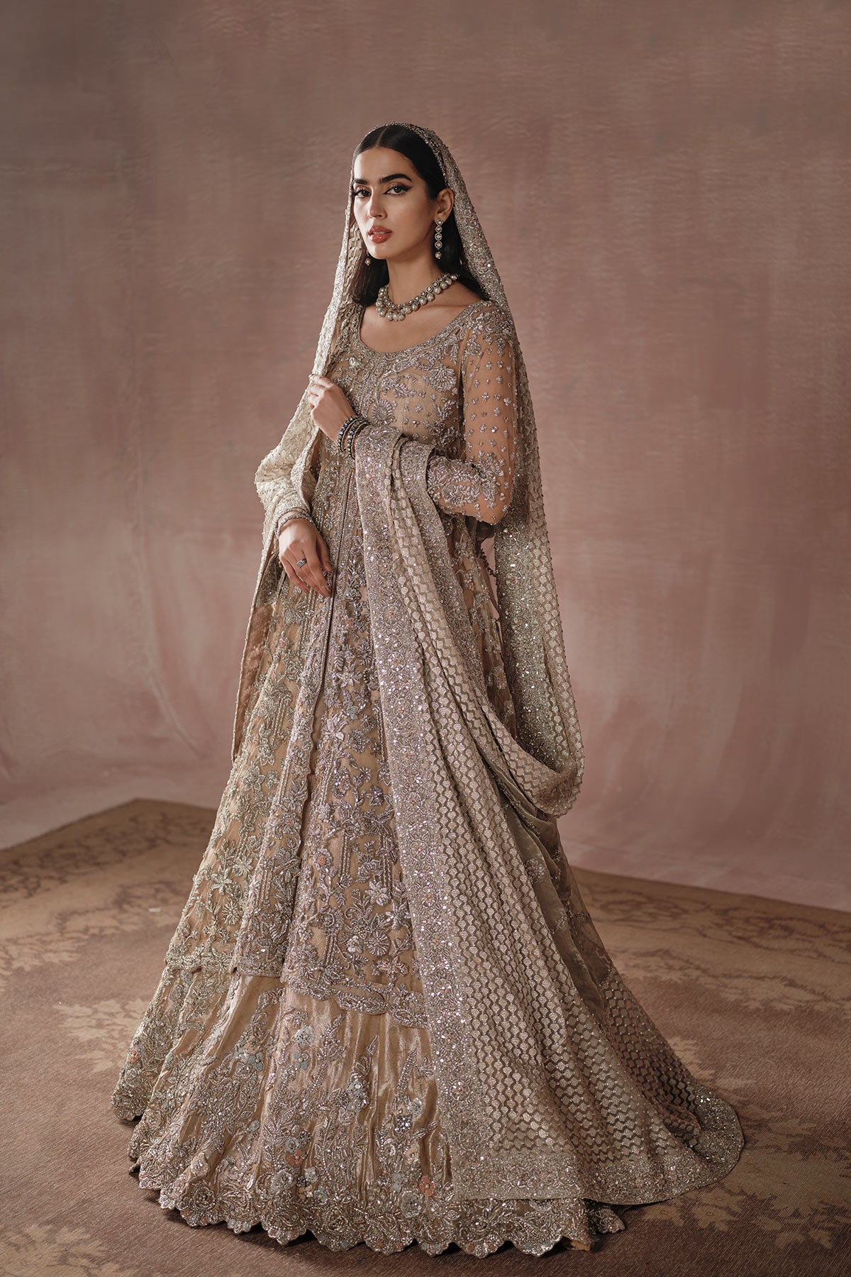 Pakistani Champagne Gold Zardozi Net Silk Bridal Gown (2-Piece) - Image 2