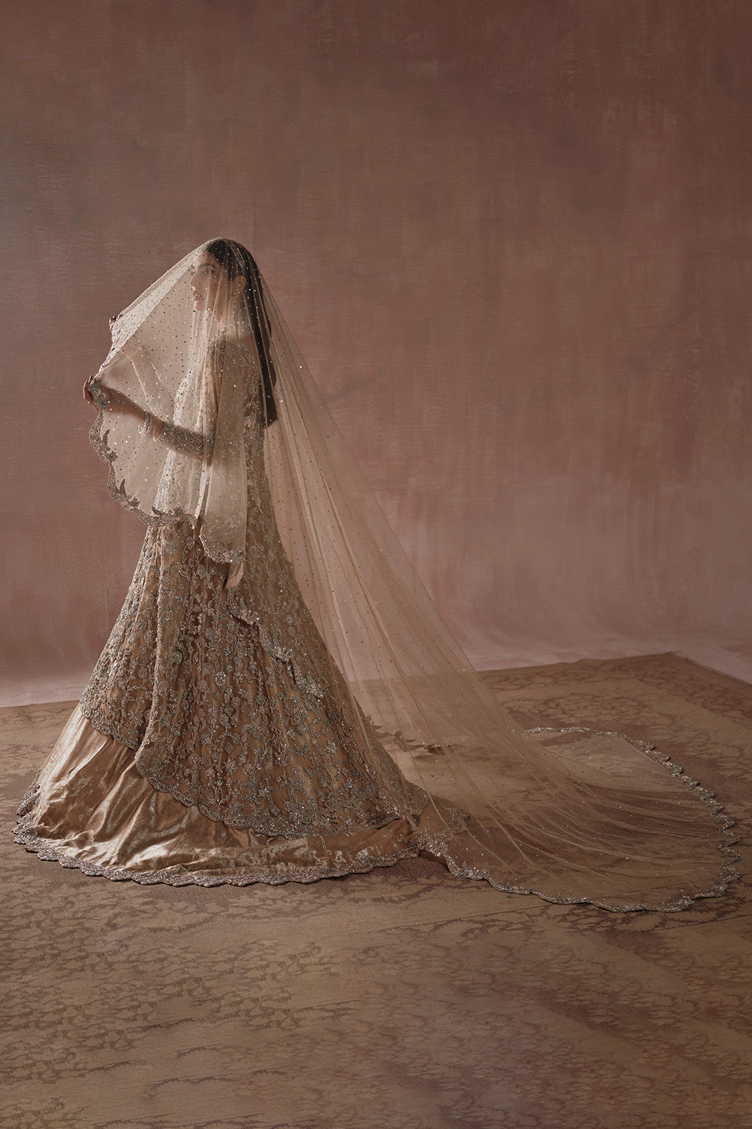 Pakistani Champagne Gold Zardozi Net Silk Bridal Gown (2-Piece) - Image 3