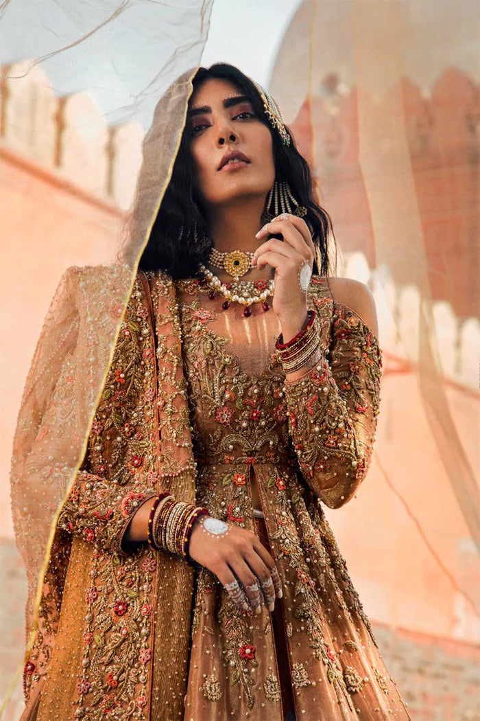 Antique Gold Embellished Net Silk Bridal Gown (2-Piece) - Image 1