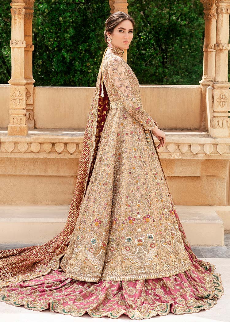 Pakistani Gold Maroon Embellished Net Silk Bridal Gown (2-Piece) - Image 6