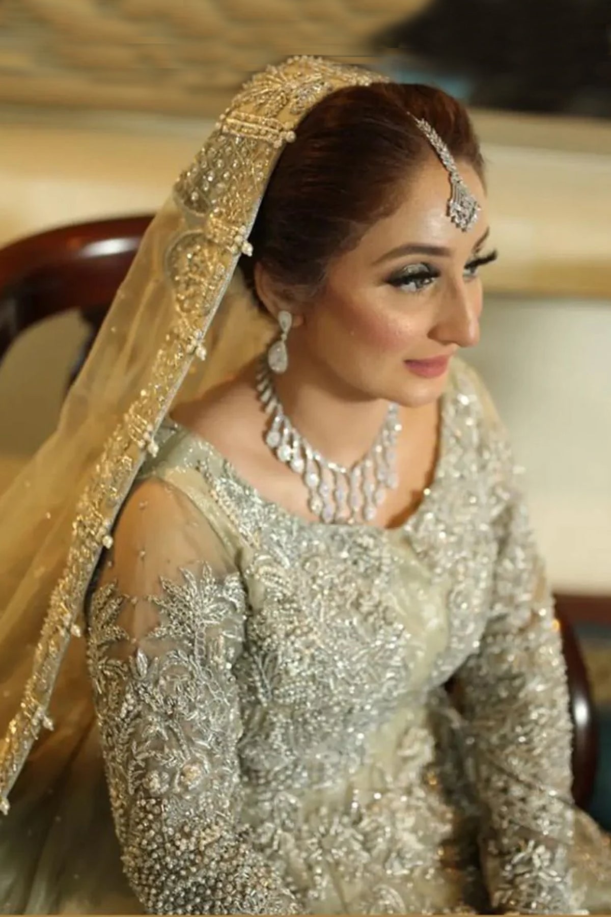 Pakistani Champagne Silver Embellished Net Bridal Gown (2-Piece) - Image 1