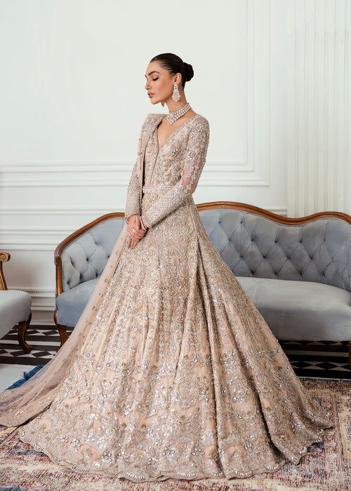 Pakistani Champagne Embellished Net Bridal Gown (2-Piece) - Image 2