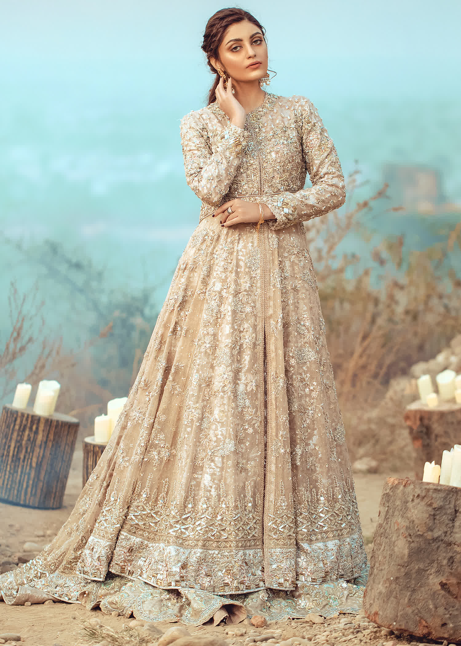 Pakistani Champagne Gold Embellished Net Bridal Gown (2-Piece) - Image 1