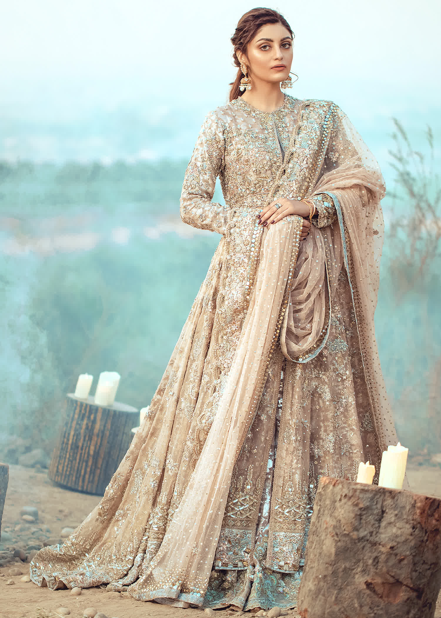 Pakistani Champagne Gold Embellished Net Bridal Gown (2-Piece) - Image 4