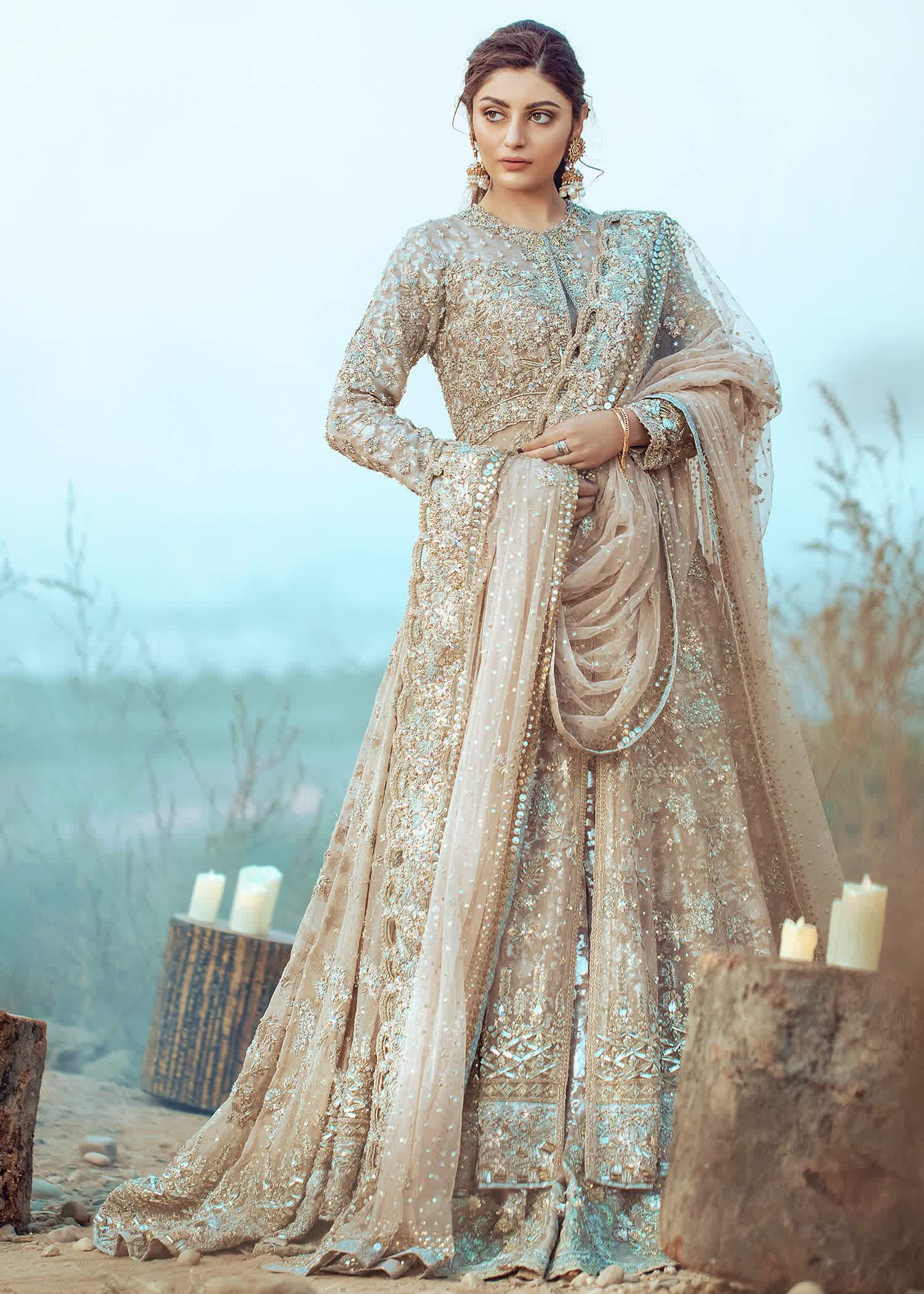 Pakistani Champagne Gold Embellished Net Bridal Gown (2-Piece) - Image 5