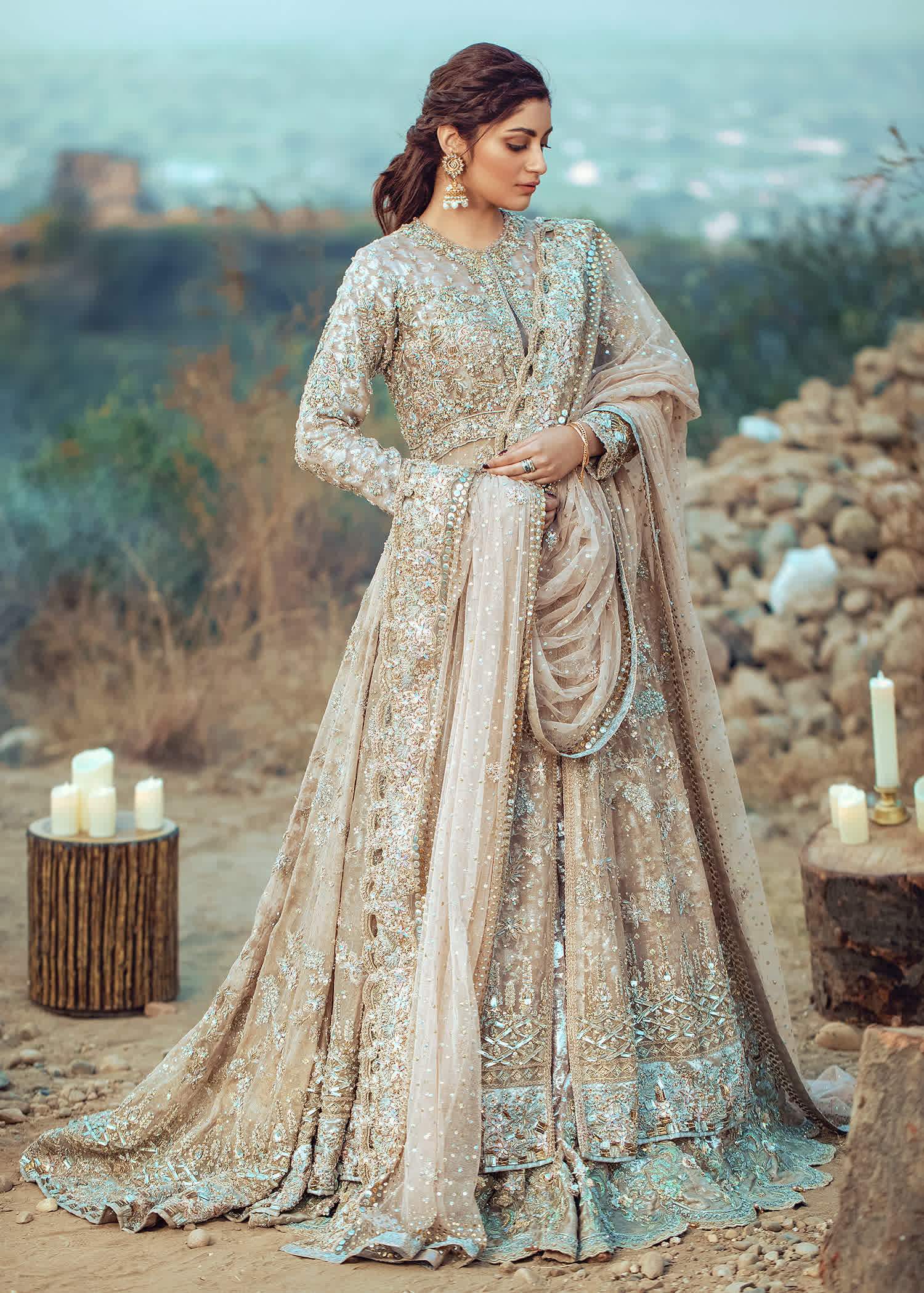 Pakistani Champagne Gold Embellished Net Bridal Gown (2-Piece) - Image 6