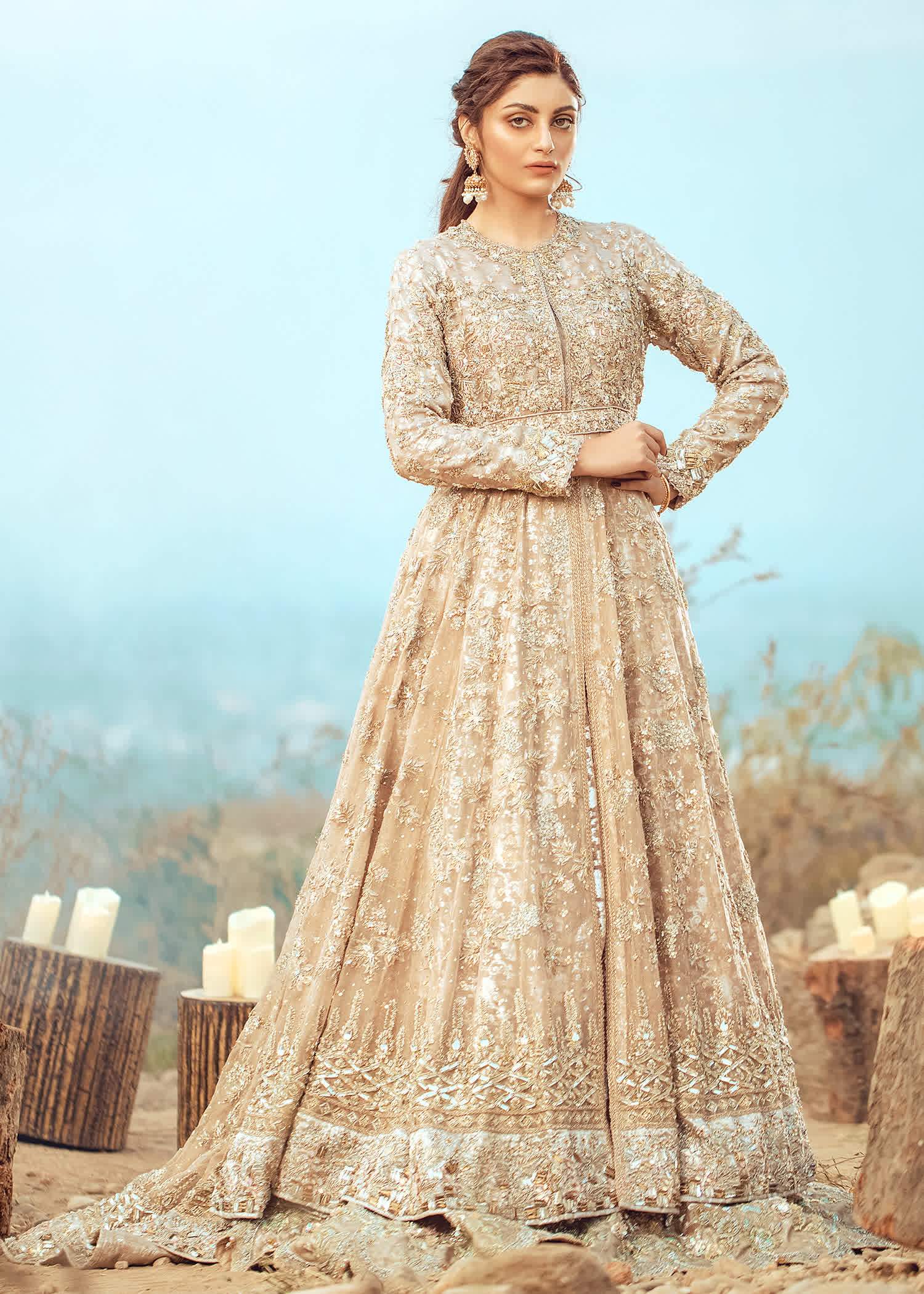 Pakistani Champagne Gold Embellished Net Bridal Gown (2-Piece) - Image 7