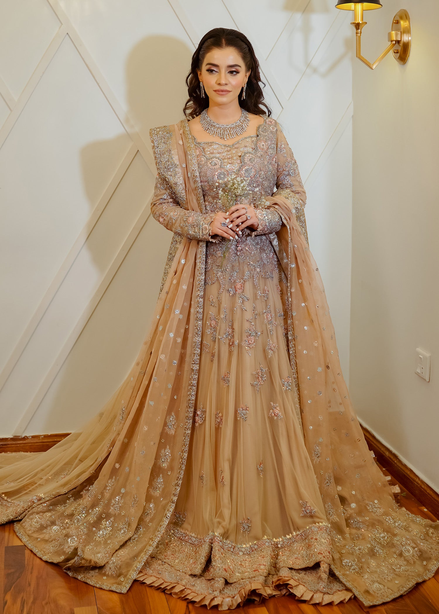 Champagne Embroidered Net Bridal Gown (2-Piece) - Image 6