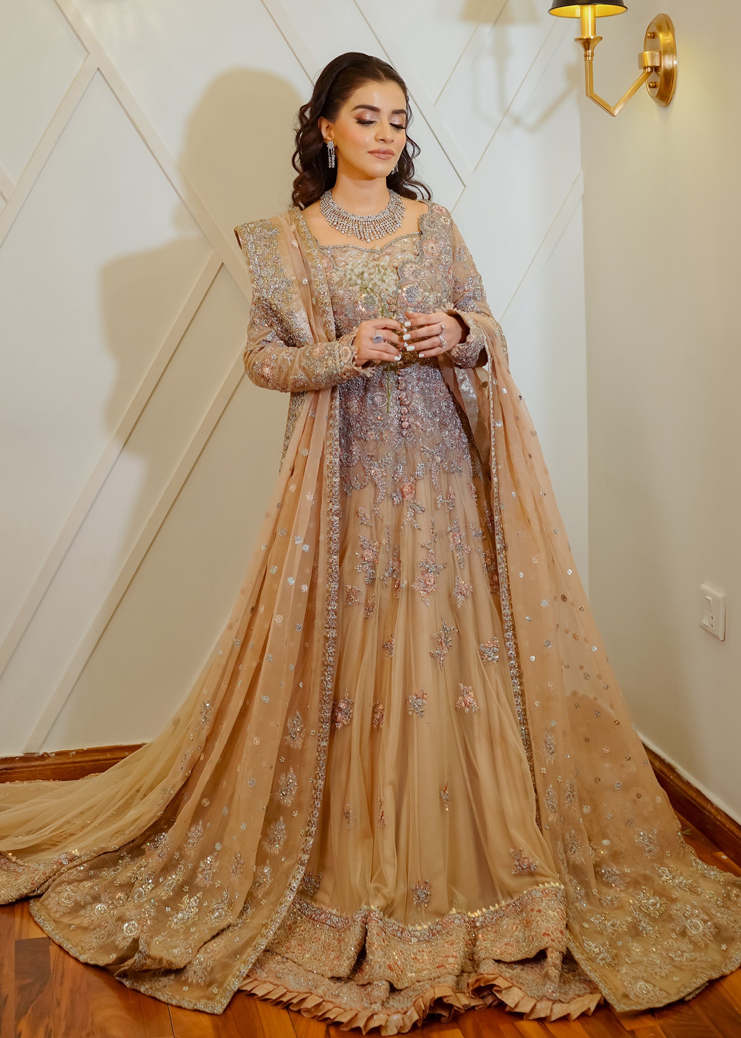 Champagne Embroidered Net Bridal Gown (2-Piece) - Image 7