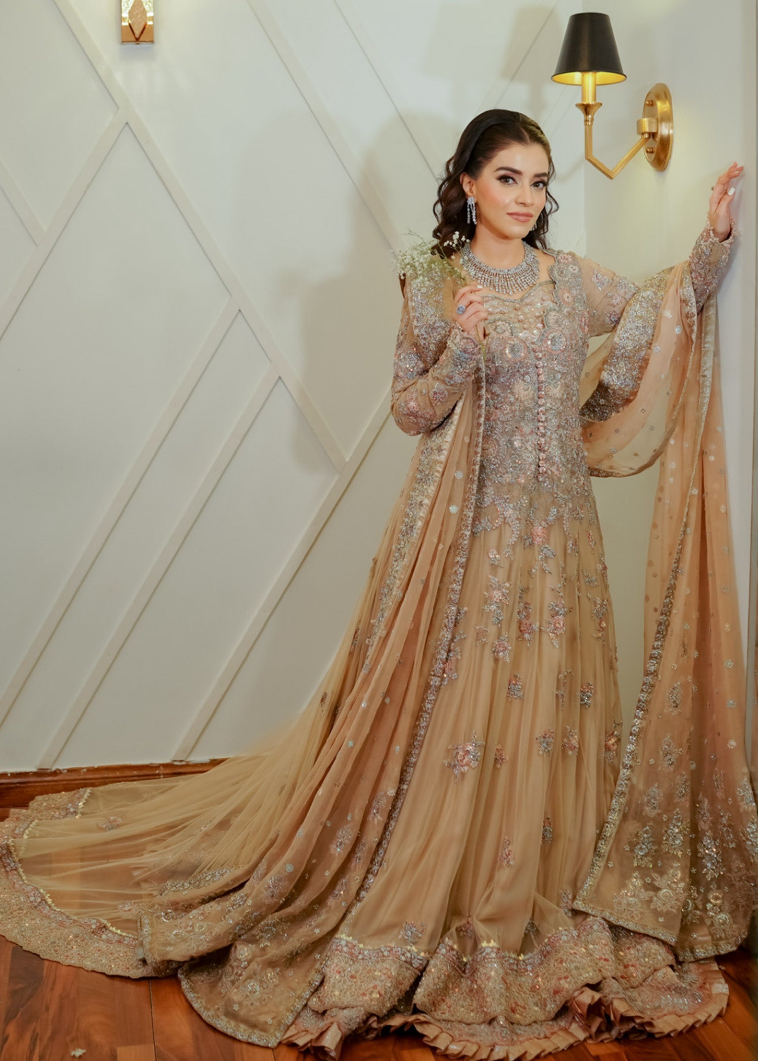 Champagne Embroidered Net Bridal Gown (2-Piece) - Image 9