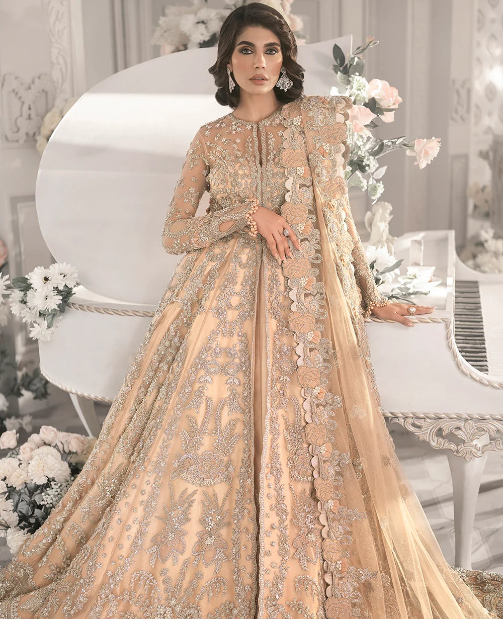 Pakistani Champagne Embellished Net Bridal Gown (2-Piece) - Image 3