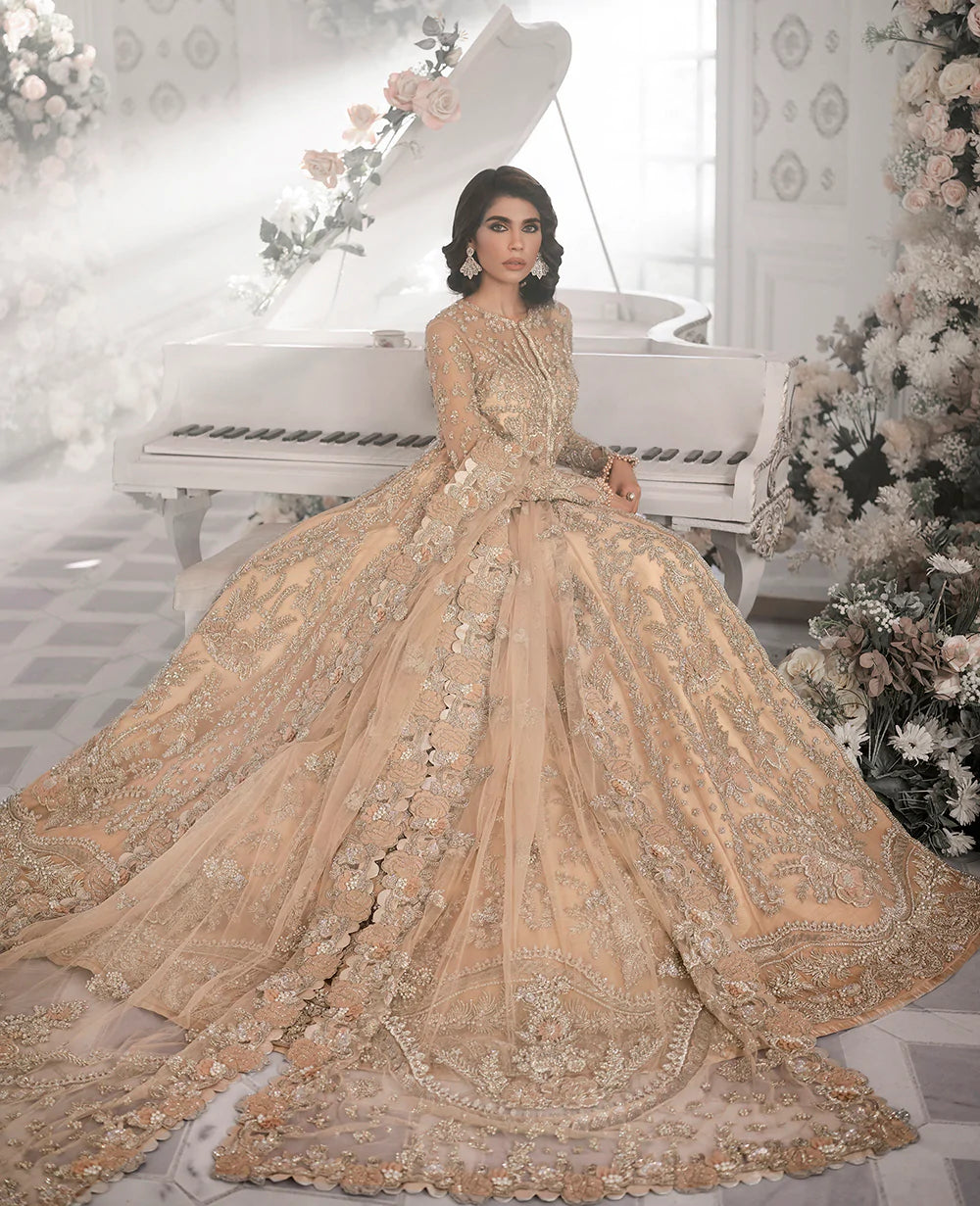 Pakistani Champagne Embellished Net Bridal Gown (2-Piece) - Image 5