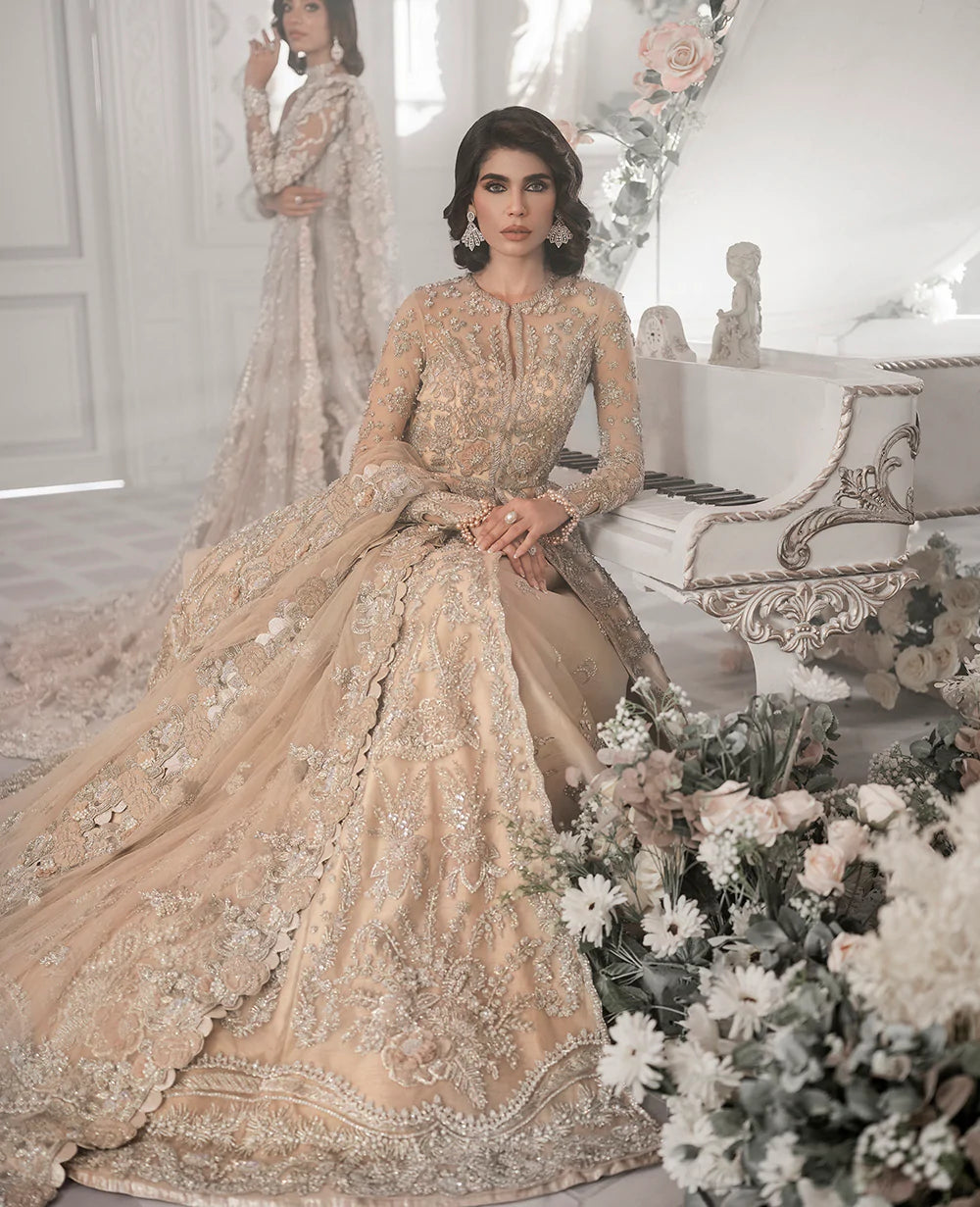 Pakistani Champagne Embellished Net Bridal Gown (2-Piece) - Image 7