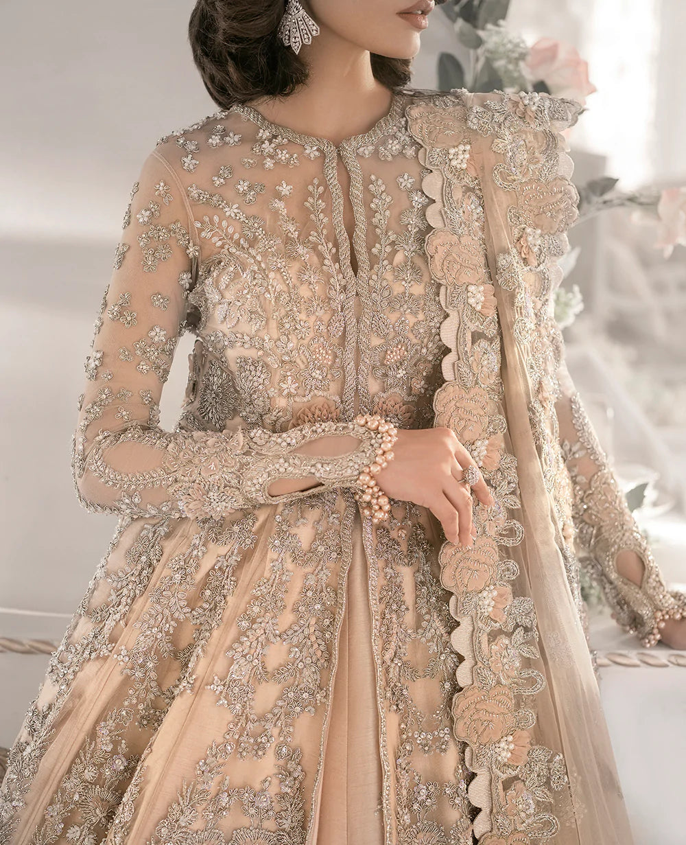 Pakistani Champagne Embellished Net Bridal Gown (2-Piece) - Image 8